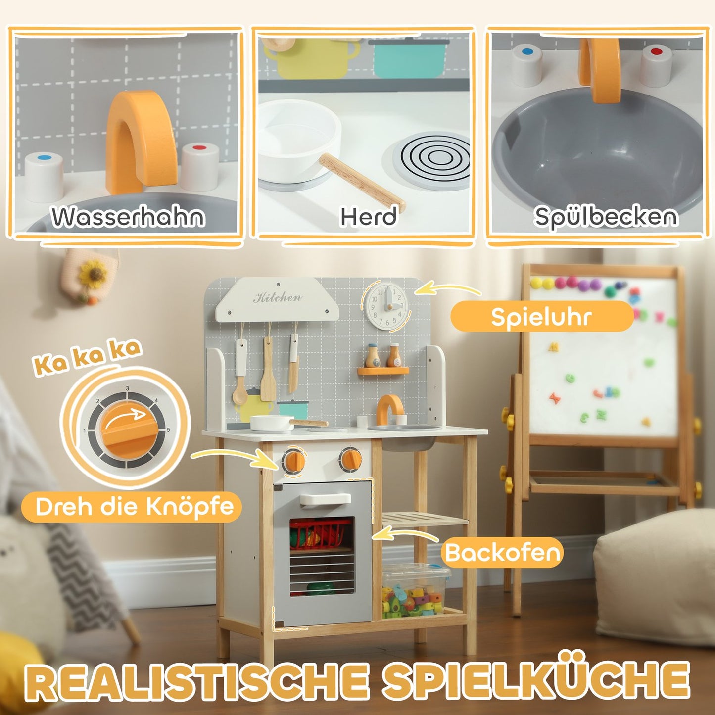 Gray play kitchen set for children with stove, sink and accessories