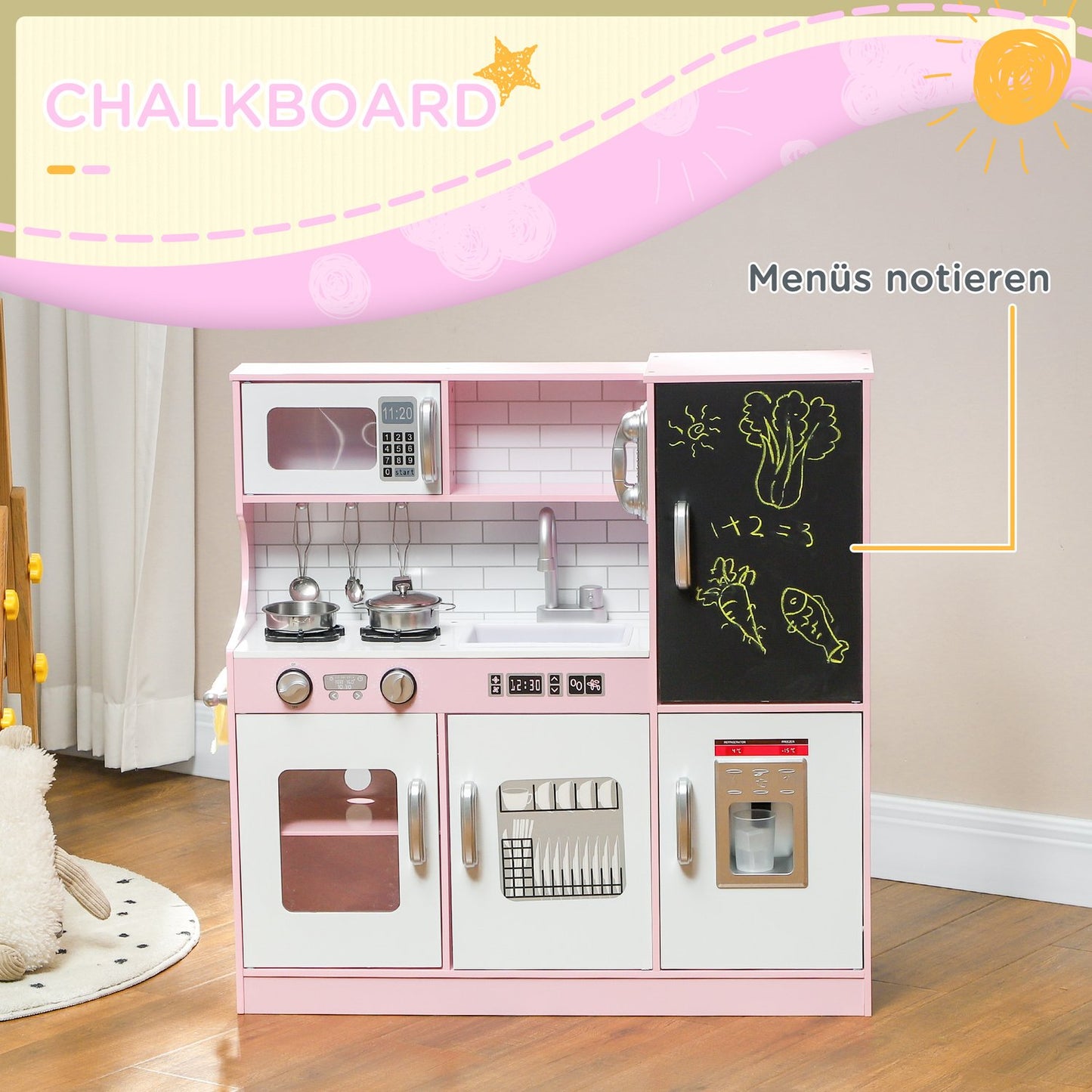 Pink play kitchen for children with toy phone and accessories