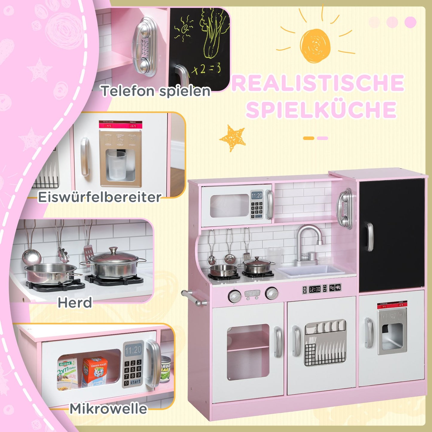 Pink play kitchen for children with toy phone and accessories