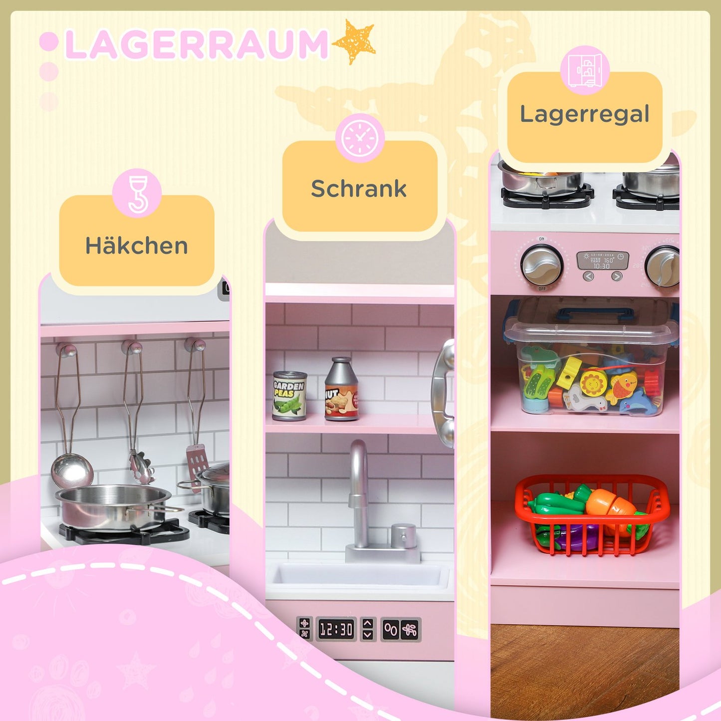 Pink play kitchen for children with toy phone and accessories