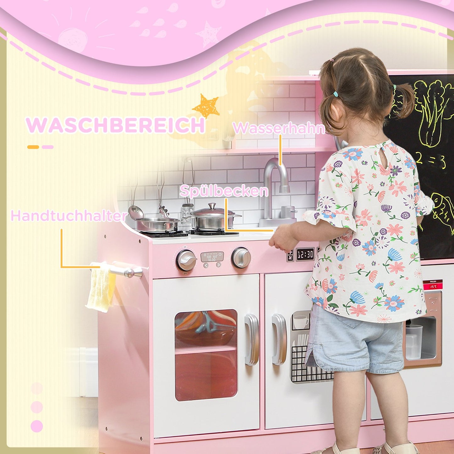 Pink play kitchen for children with toy phone and accessories