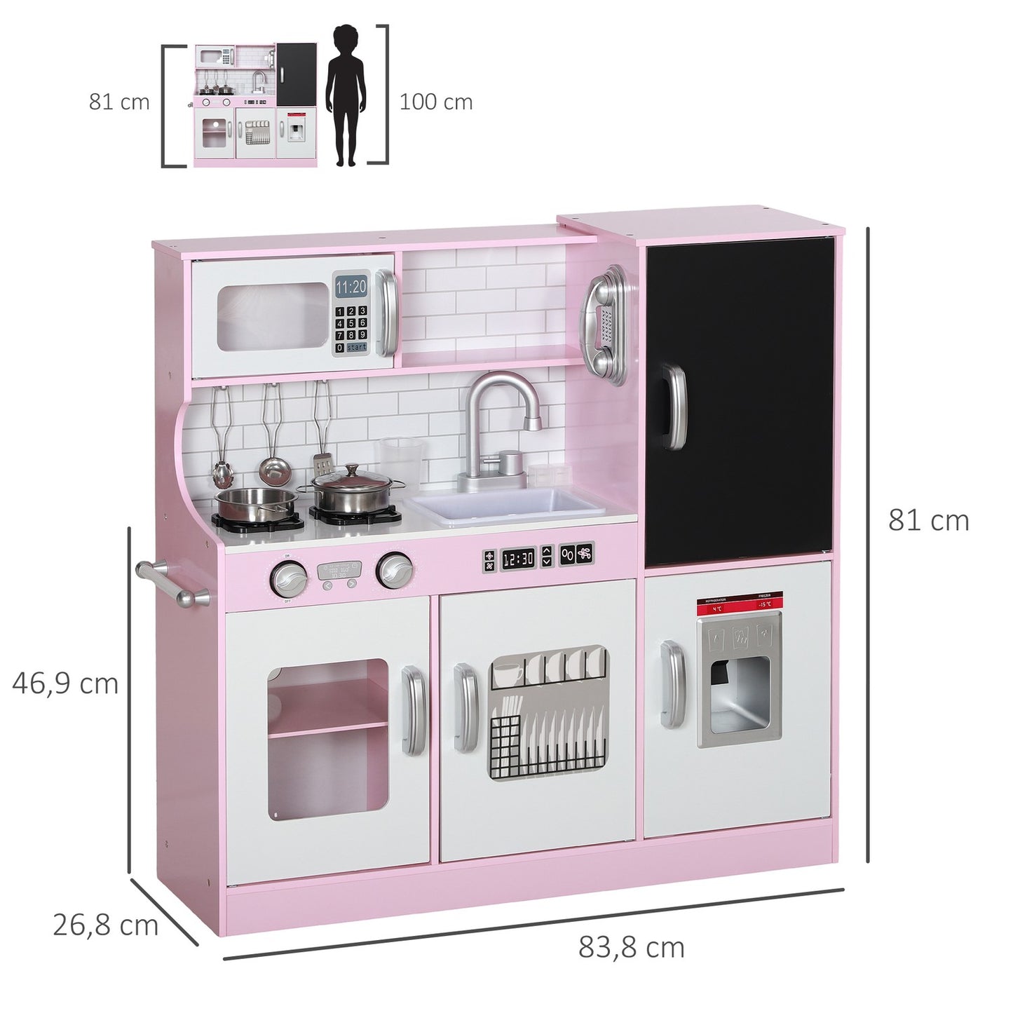 Pink play kitchen for children with toy phone and accessories