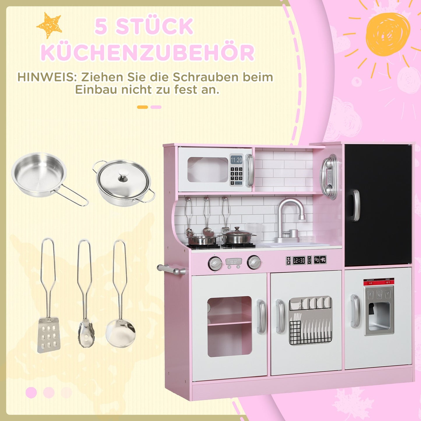 Pink play kitchen for children with toy phone and accessories