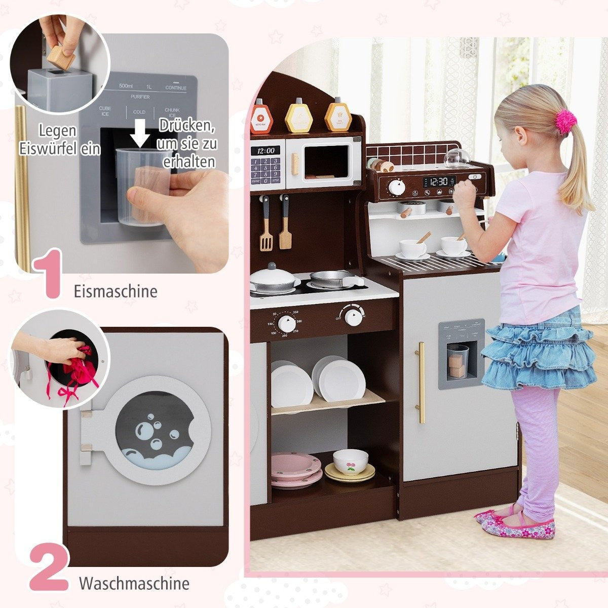 Children's kitchen with 27 accessories, wooden play kitchen with clock, microwave, brown