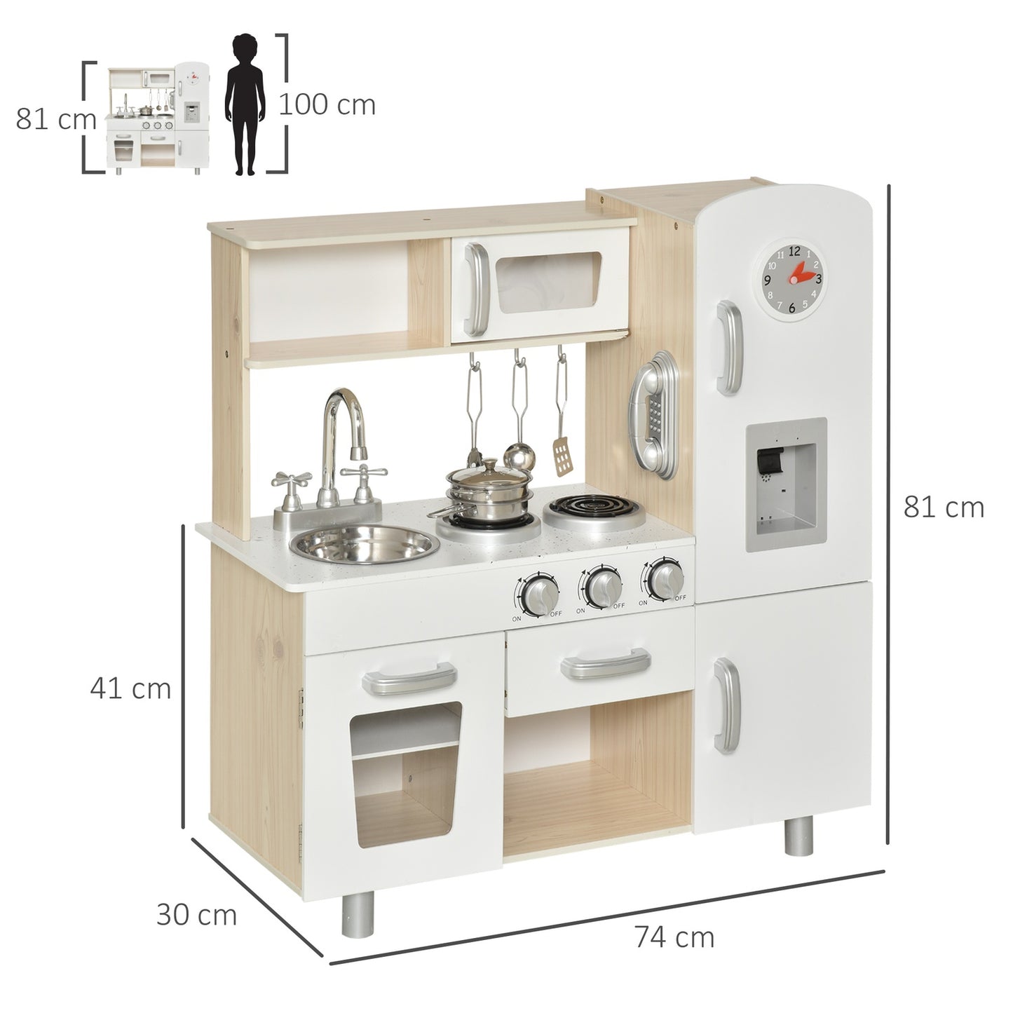 Toy kitchen with accessories, Pine & MDF, 3 years+, White