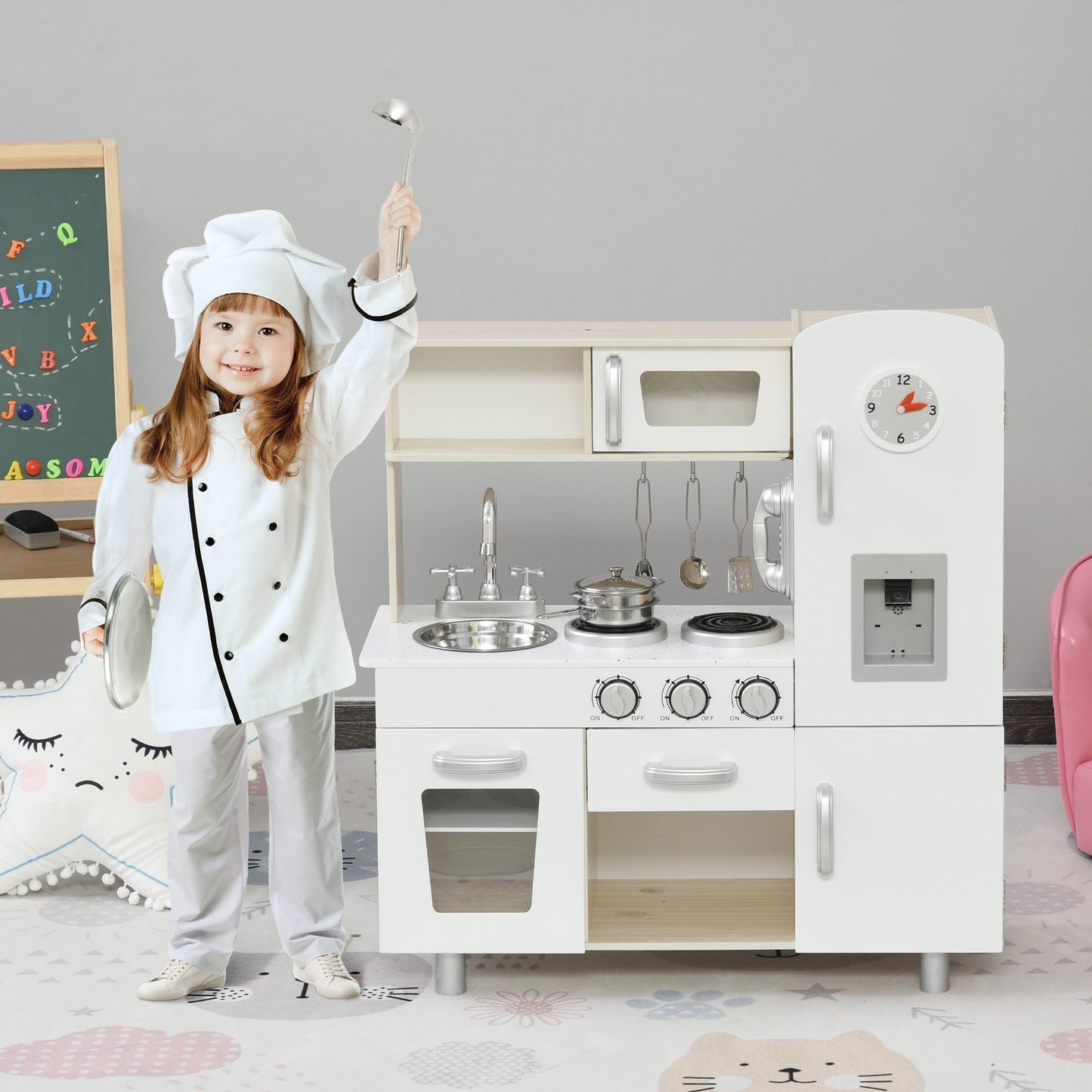 Toy kitchen with accessories, Pine & MDF, 3 years+, White