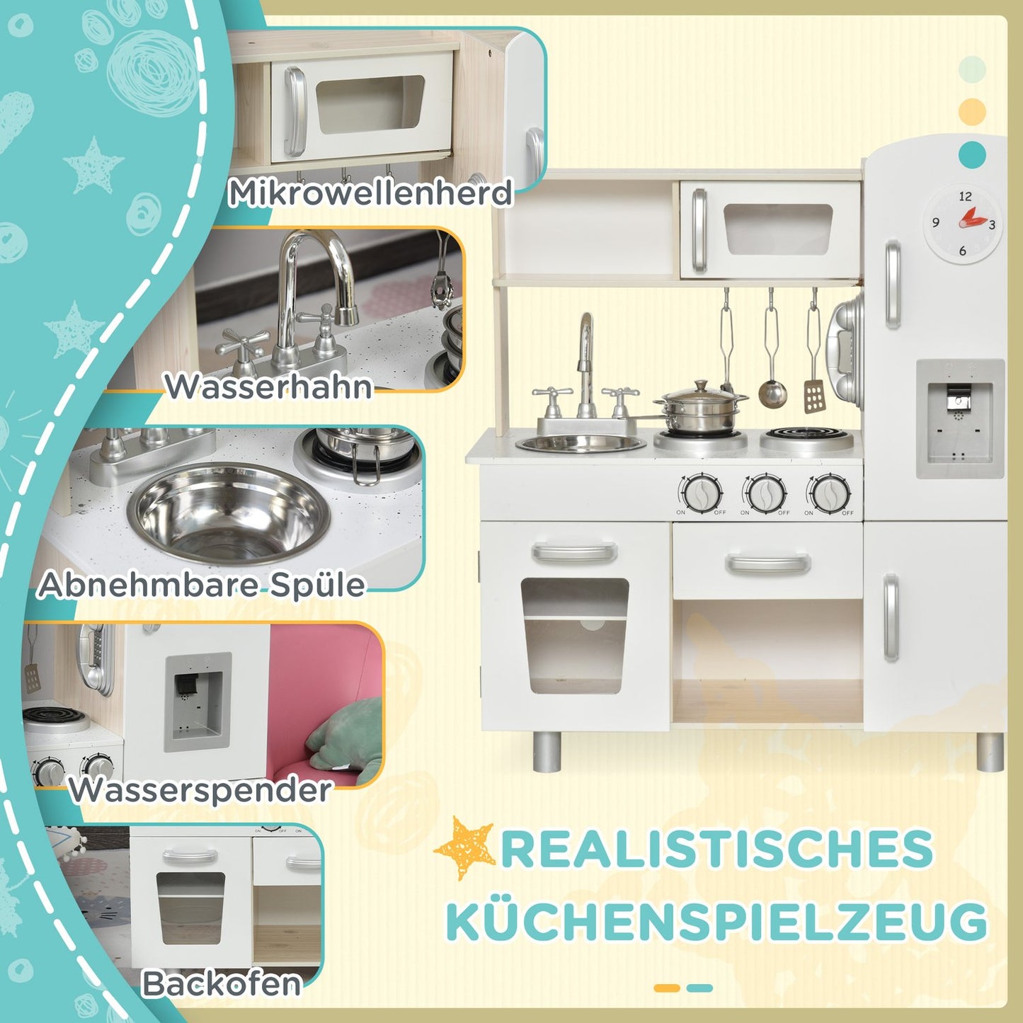 Toy kitchen with accessories, Pine & MDF, 3 years+, White
