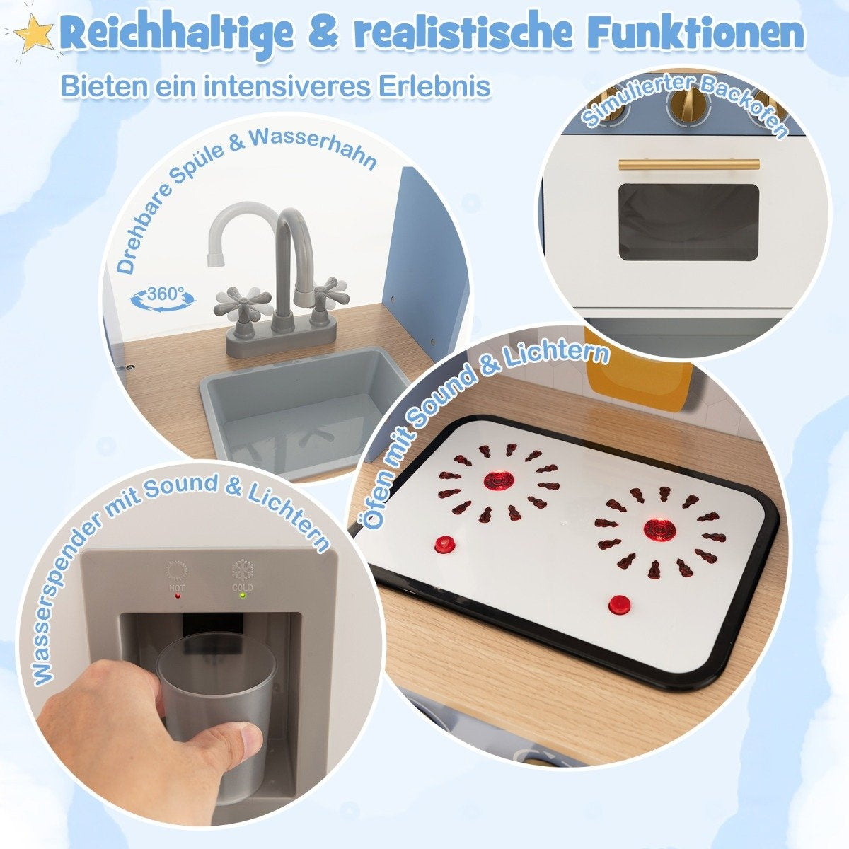 Children's kitchen with curtains & stove & sink & oven & water dispenser Play kitchen for children aged 3 and over.