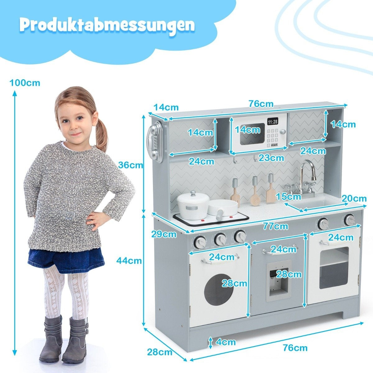 Children's kitchen with realistic light & sound & accessories 76 x 28 x 80 cm gray