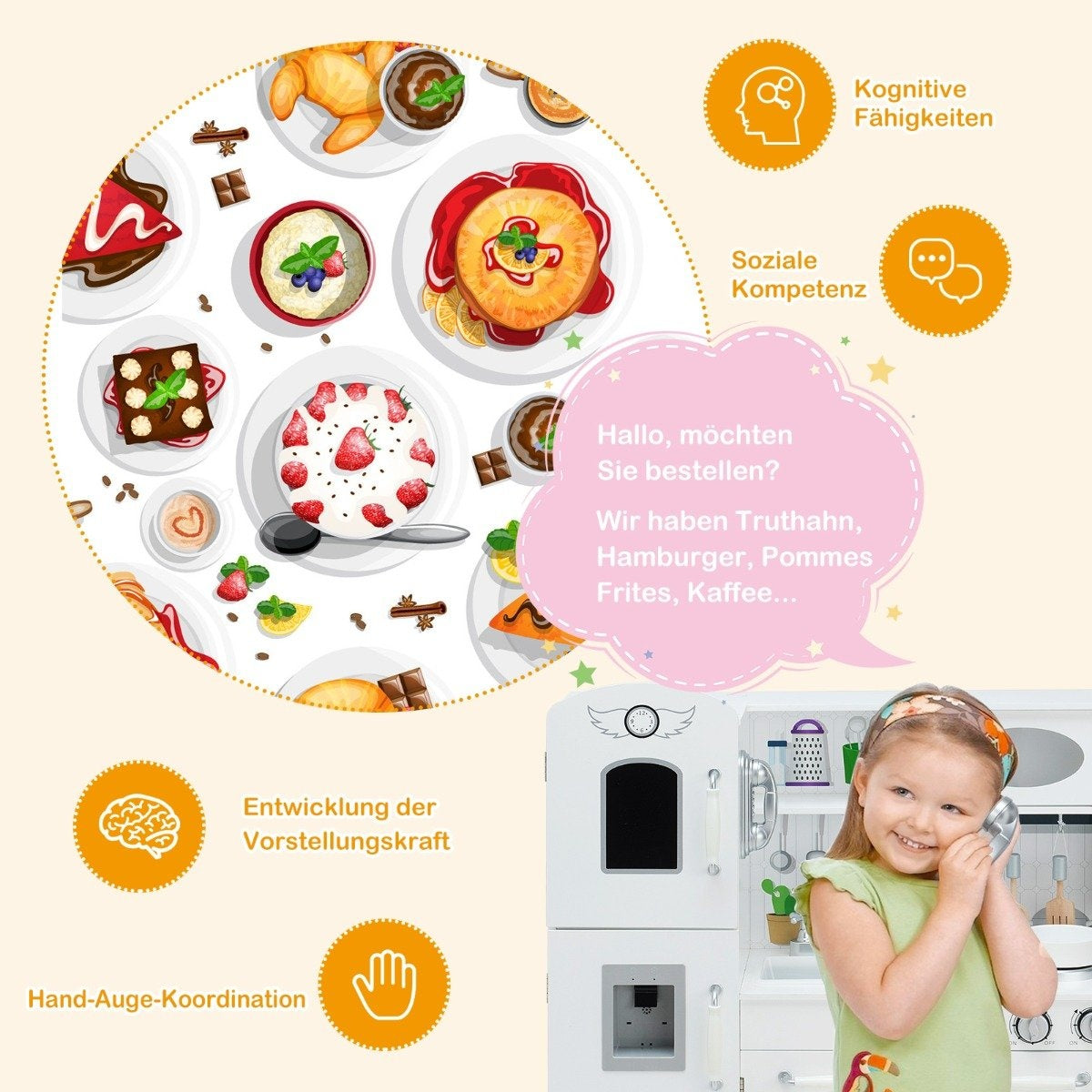 Children's kitchen with realistic light & sound & accessories 79 x 30 x 88.5 cm white