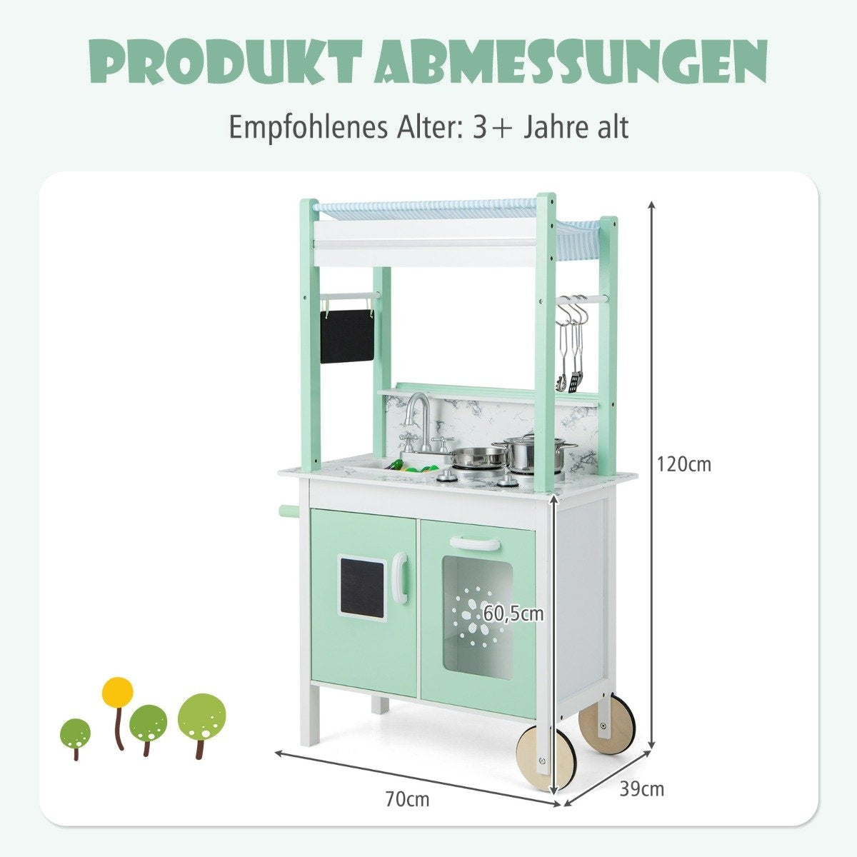 Children's kitchen with shop & wheels & 17 accessories & light & remote control play kitchen green