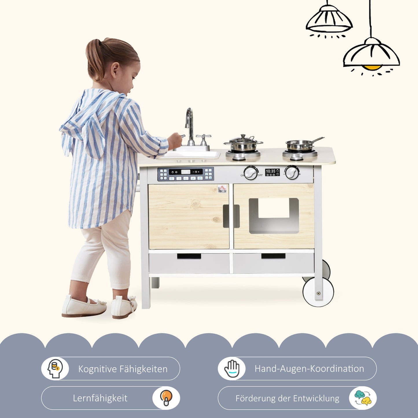Children's play kitchen on wheels, wood, 70x40x66.5 cm, 7-piece set