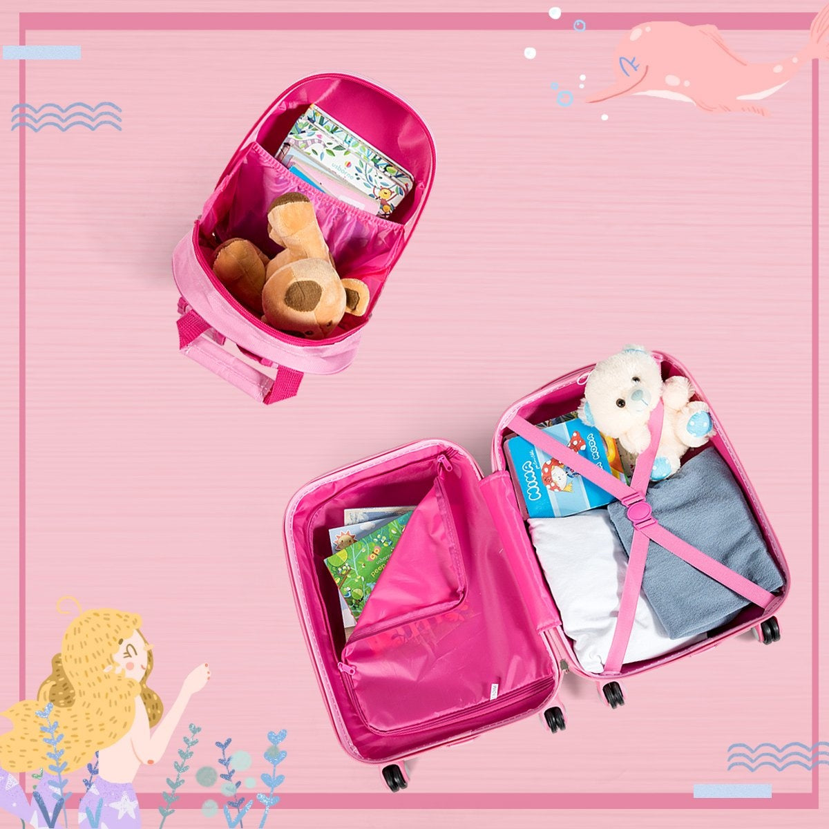 Children's luggage mermaid travel suitcase children's suitcase set with backpack pink