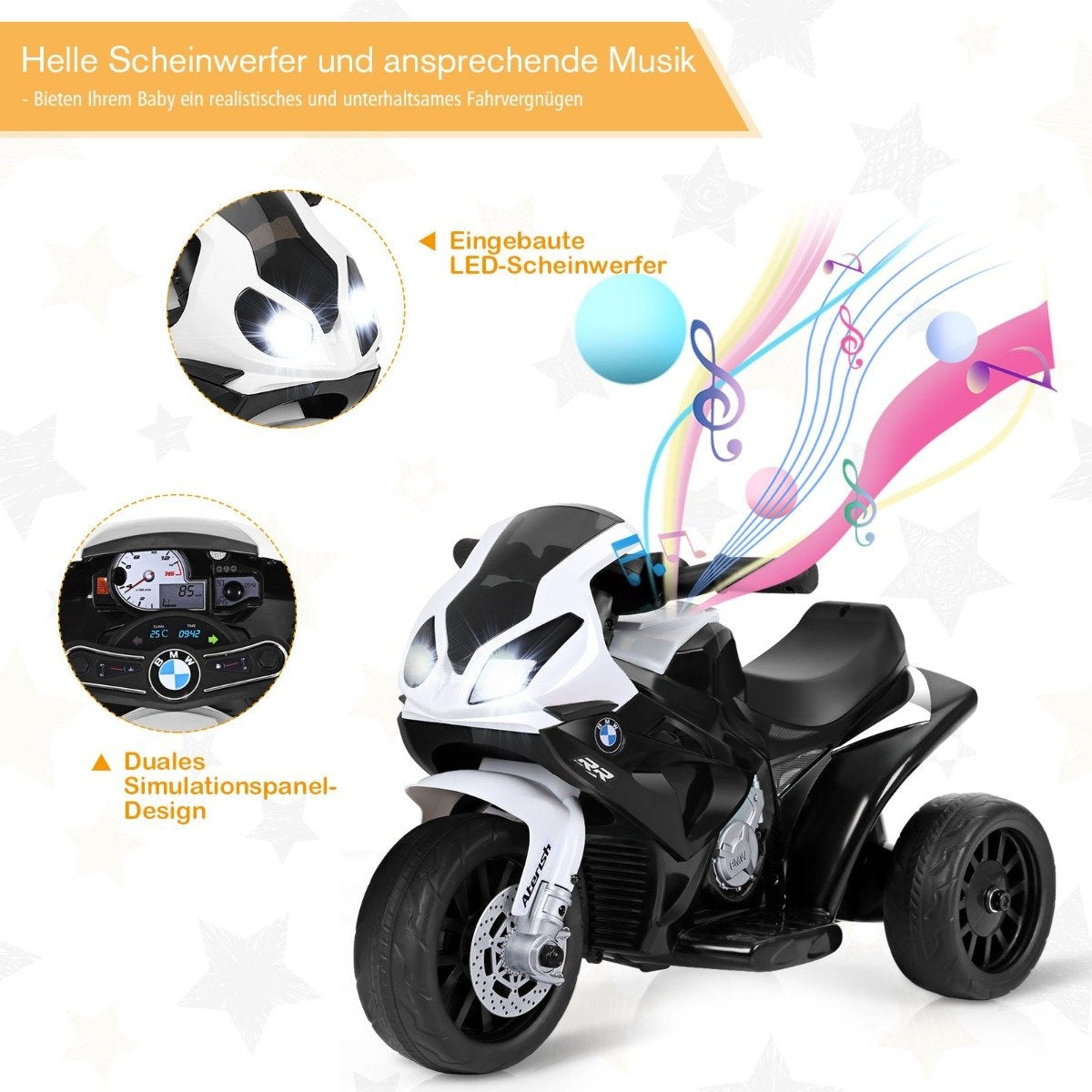 Children's motorcycle 6v children's vehicle 6v children's vehicle with music 66 x 37 x 44.5 cm black + white