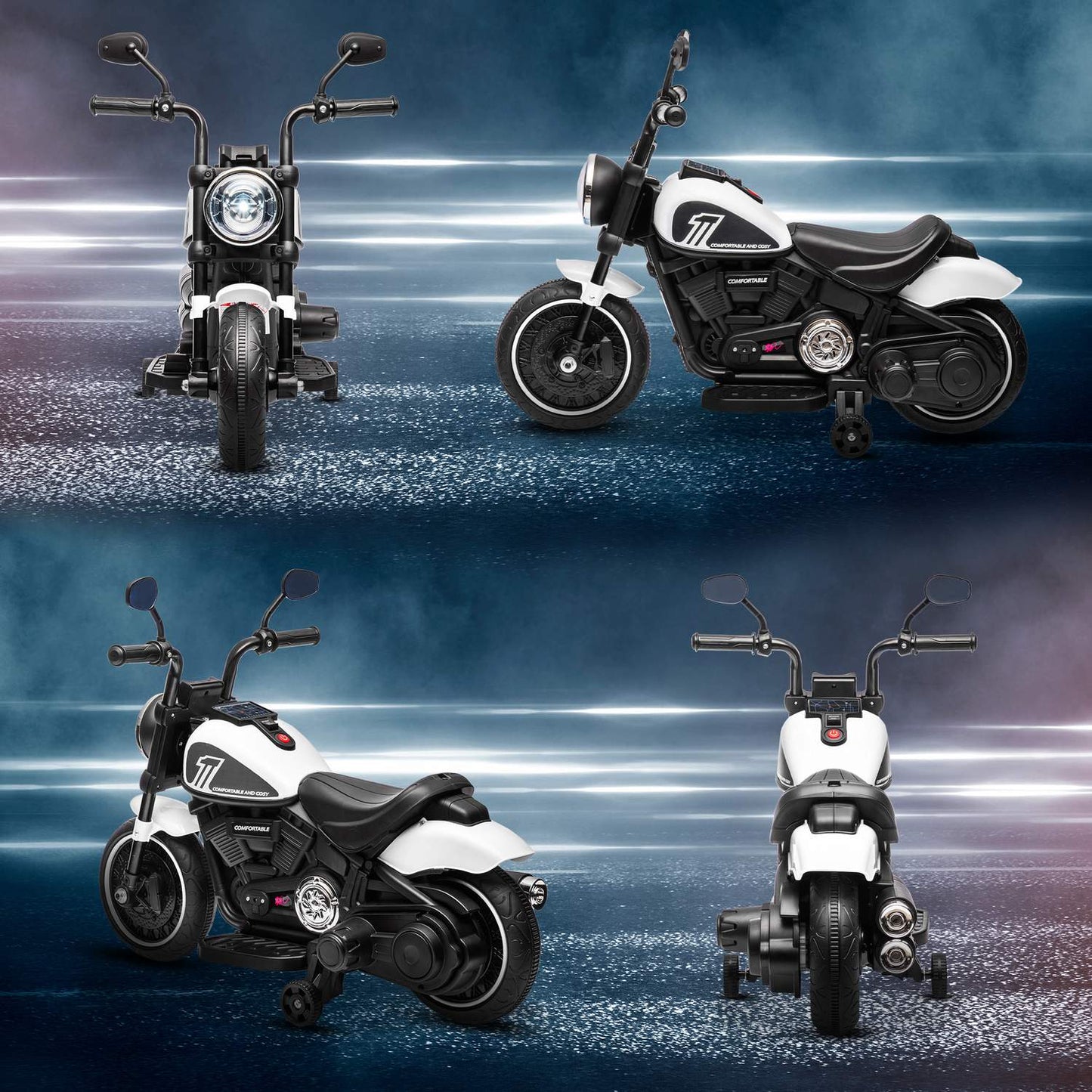 Electric motorcycle for children with support wheels, white