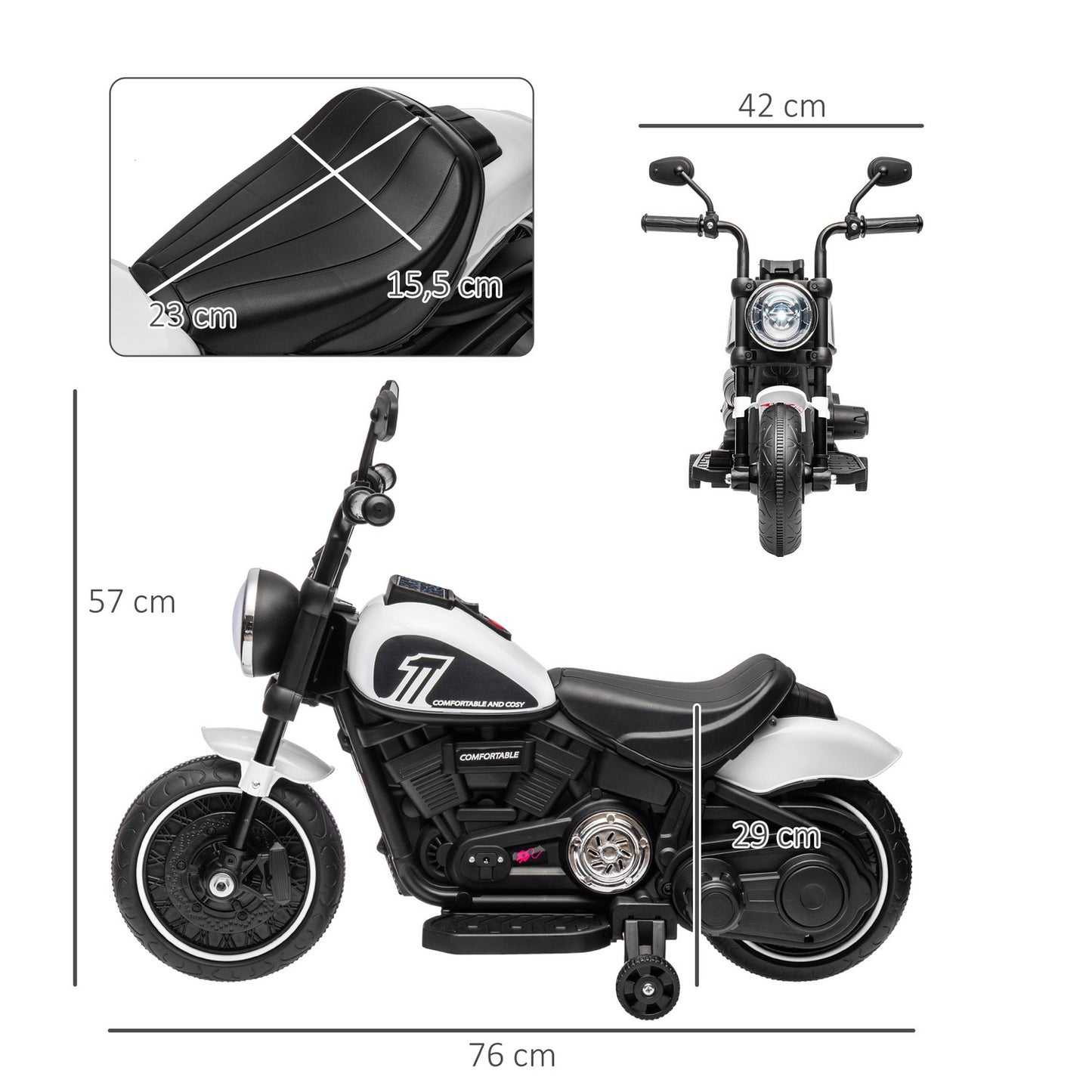 Electric motorcycle for children with support wheels, white