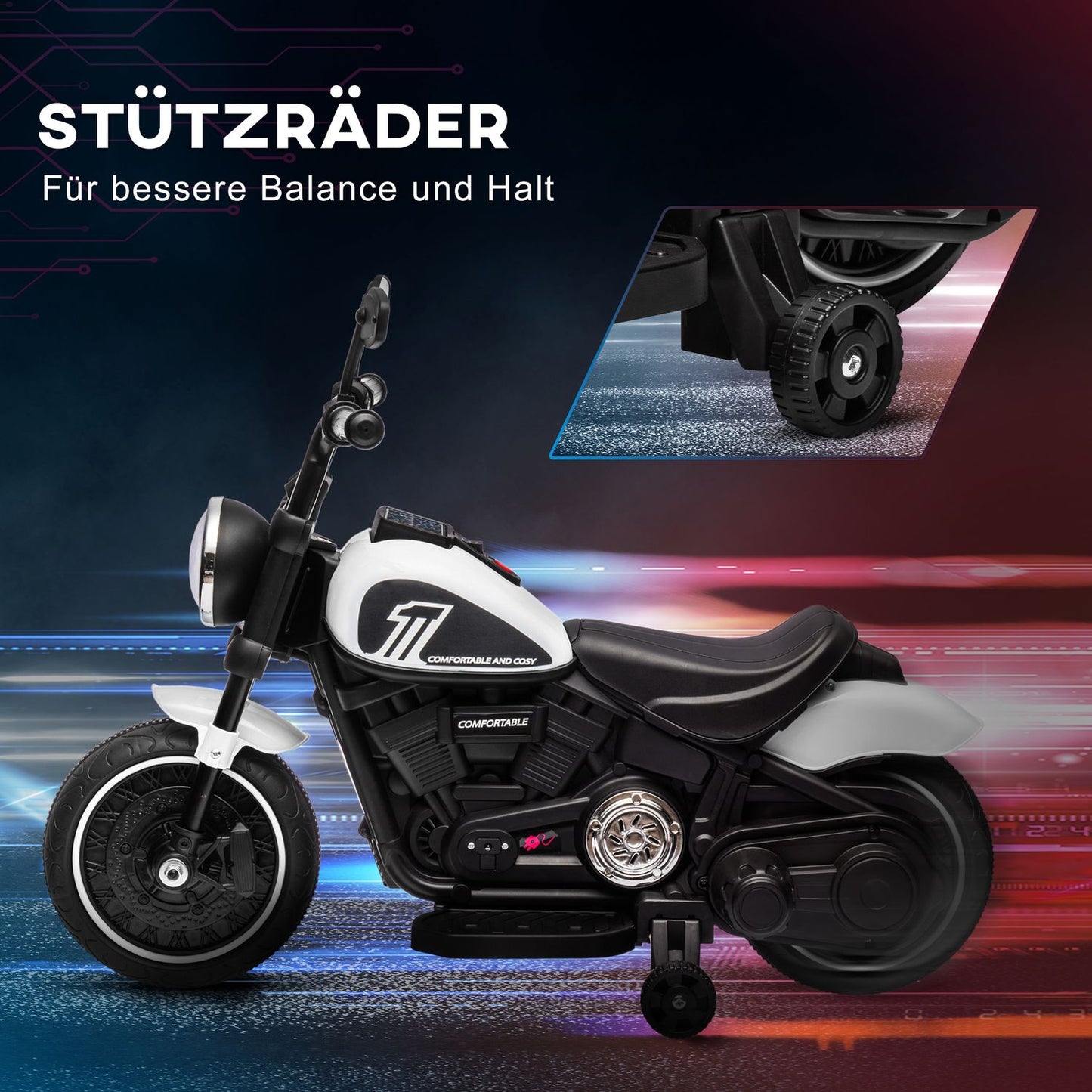 Electric motorcycle for children with support wheels, white