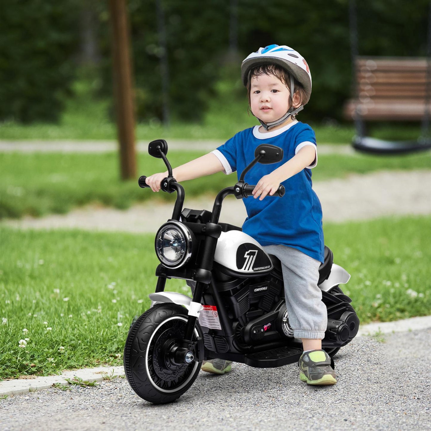 Electric motorcycle for children with support wheels, white