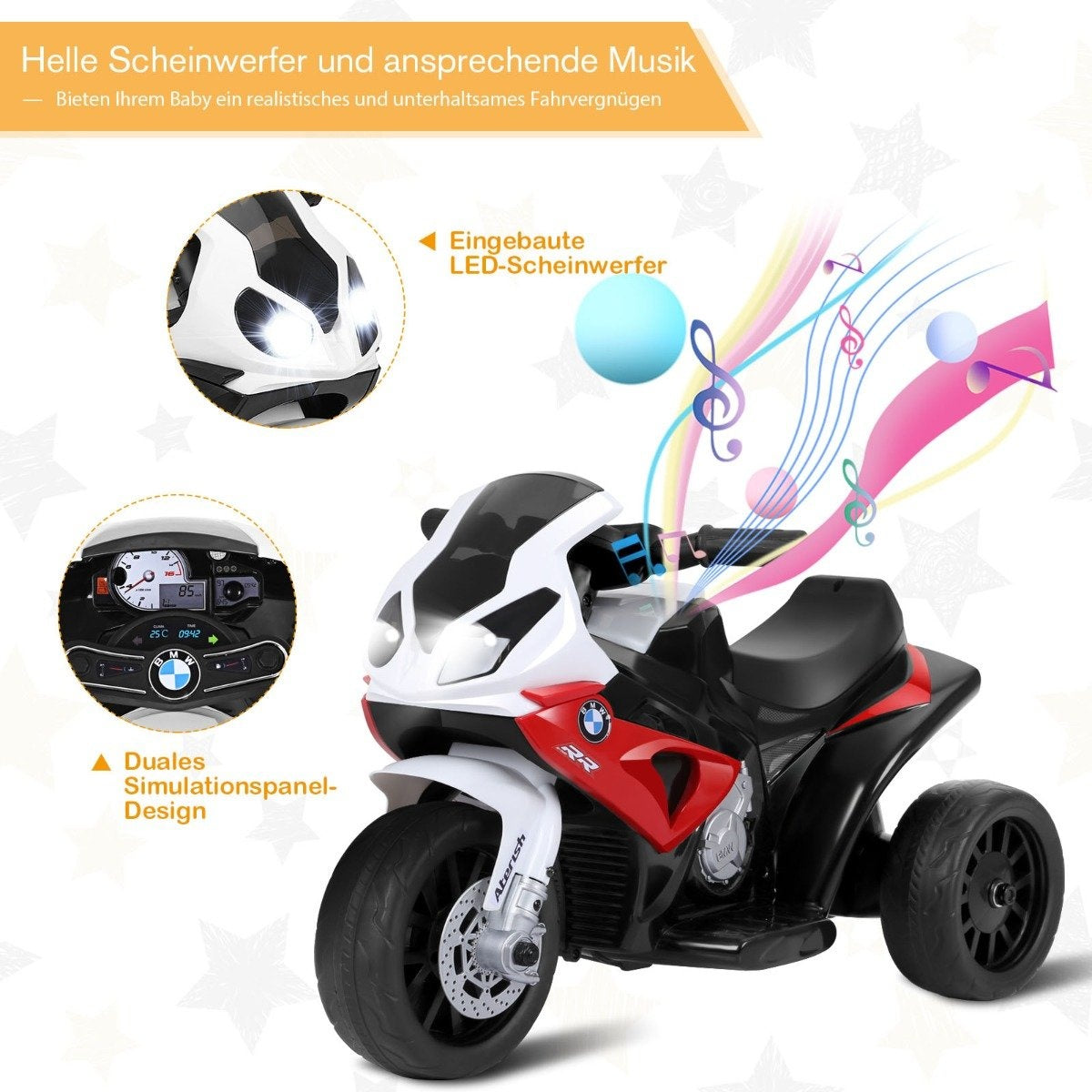 Children's motorcycle with training wheels 6 V electric motorcycle with music 66 x 37 x 44.5 cm red
