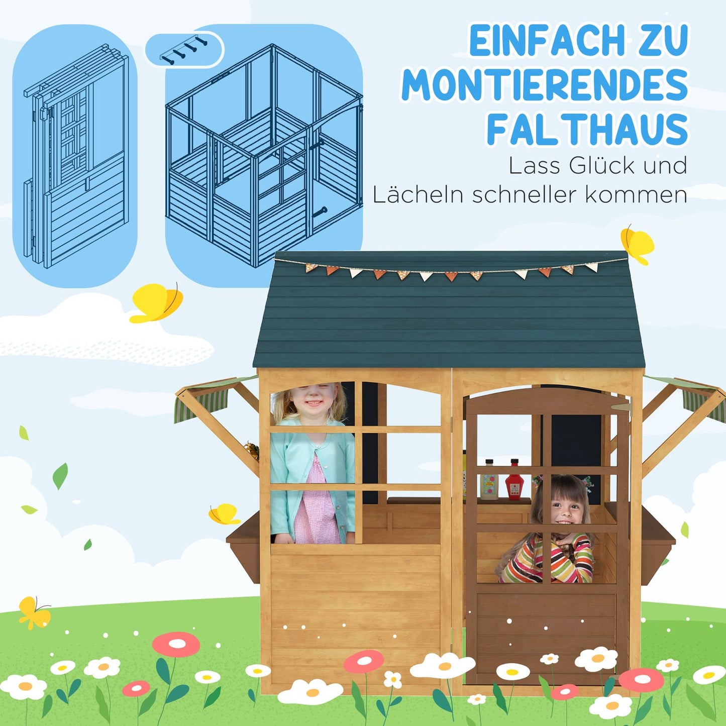 Children's playhouse made of fir wood, foldable house with windows, door, for children aged 3-8 years, brown+blue