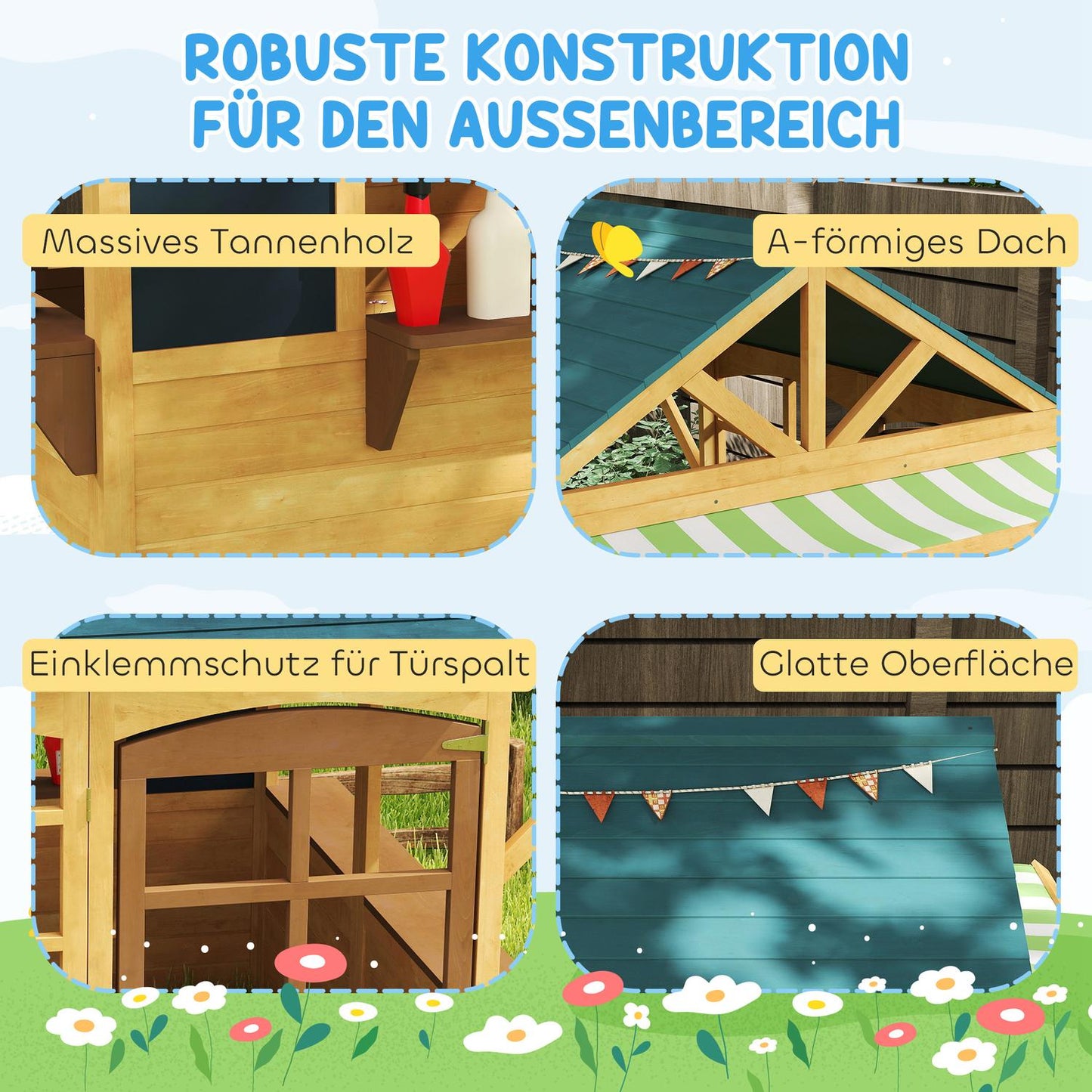Children's playhouse made of fir wood, foldable house with windows, door, for children aged 3-8 years, brown+blue
