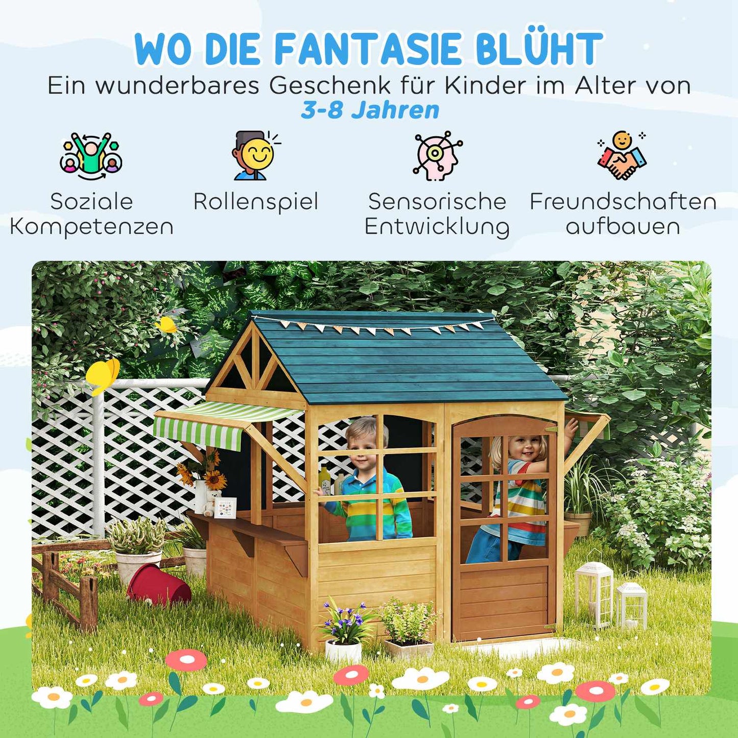 Children's playhouse made of fir wood, foldable house with windows, door, for children aged 3-8 years, brown+blue