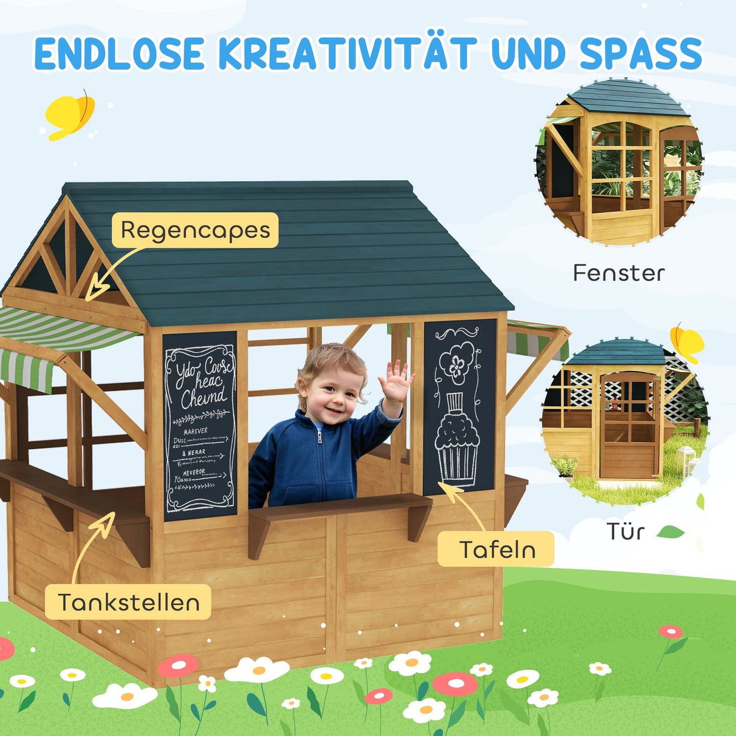 Children's playhouse made of fir wood, foldable house with windows, door, for children aged 3-8 years, brown+blue