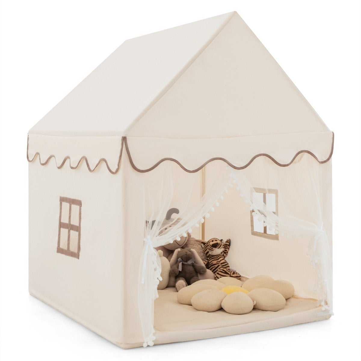 Children's playhouse with solid wood frame & cotton blanket children's tent beige