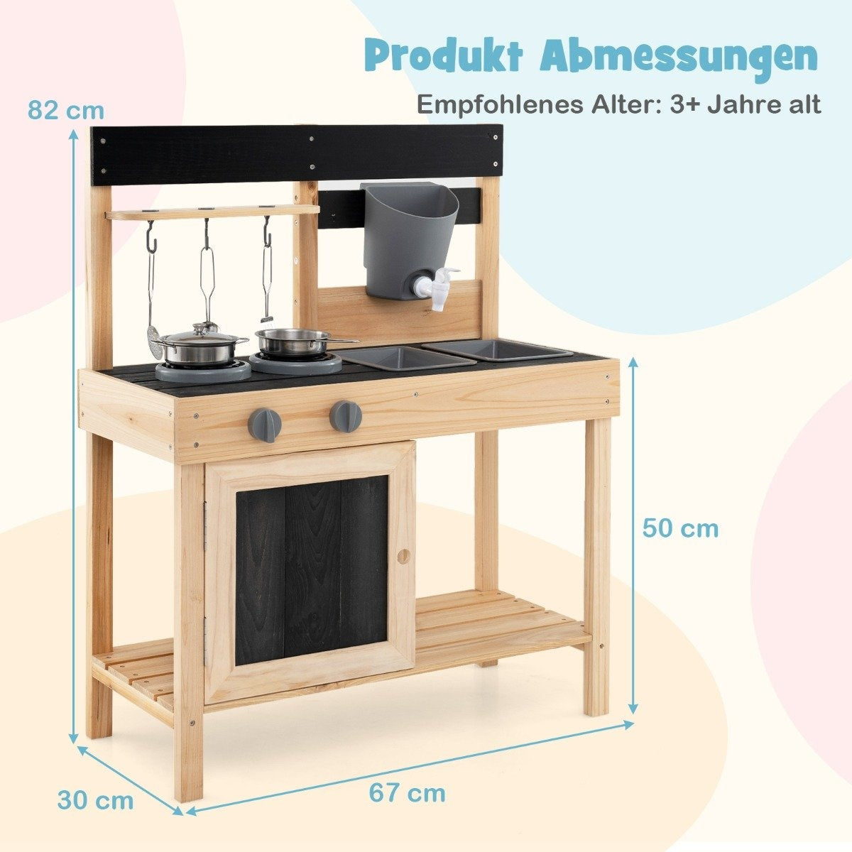 Children's play kitchen with 2 removable sinks & tap & stove & kitchenware