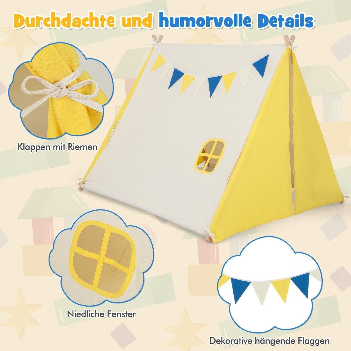 Children's play tent Triangular children's and toddler tent with wooden frame 137 x 145 x 121 cm