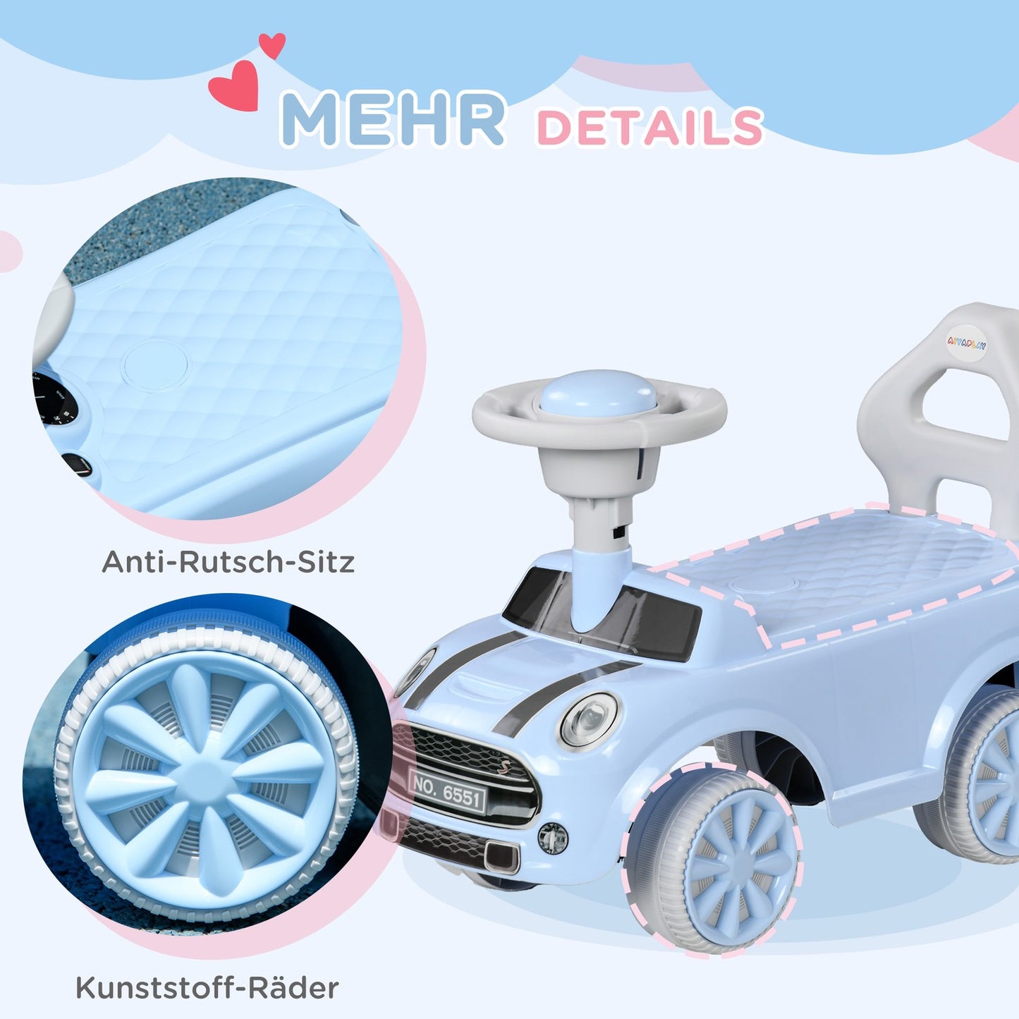 Light blue children's car with anti-tip, 53x52x35 cm
