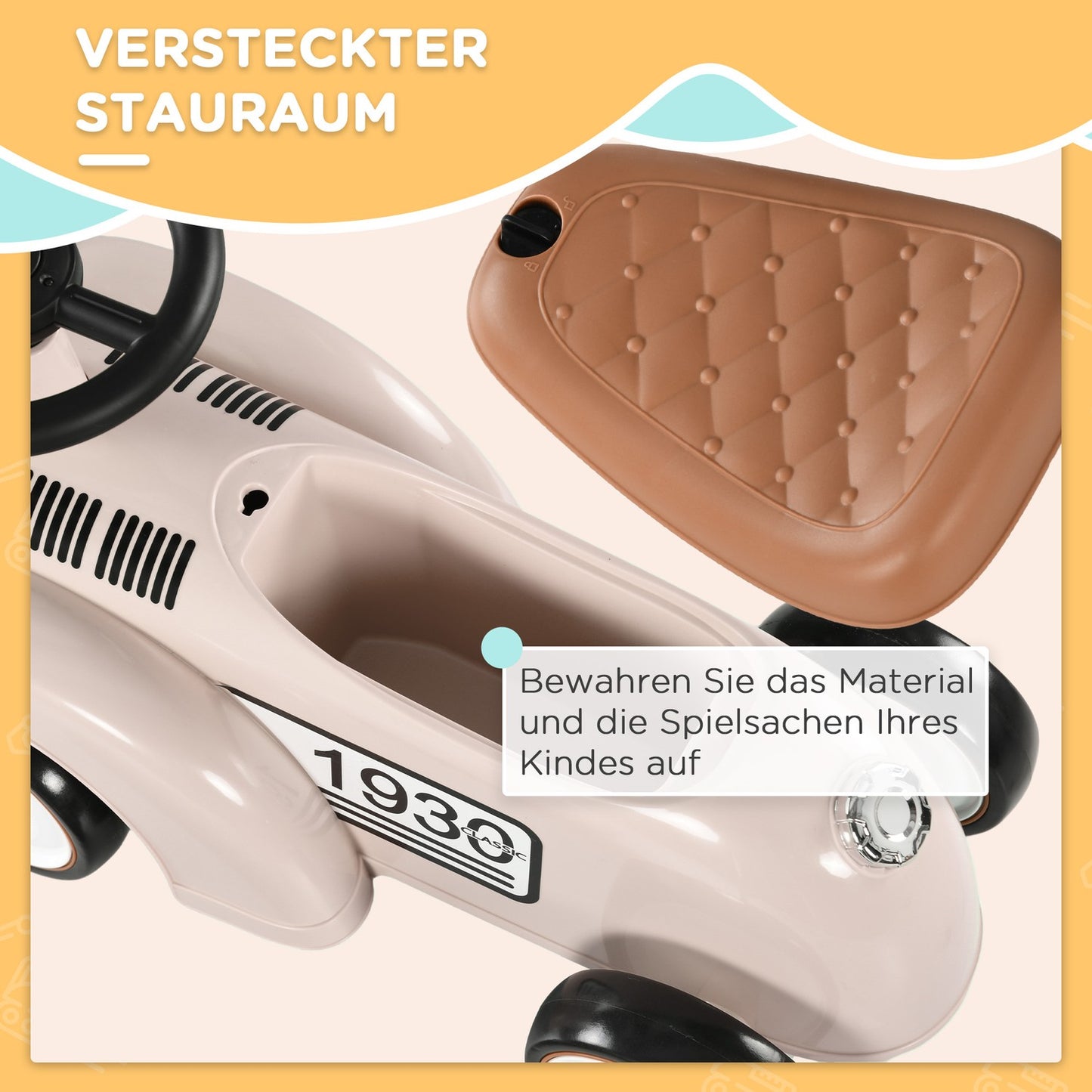 Ride-on car for children with storage, anti-tip, cream