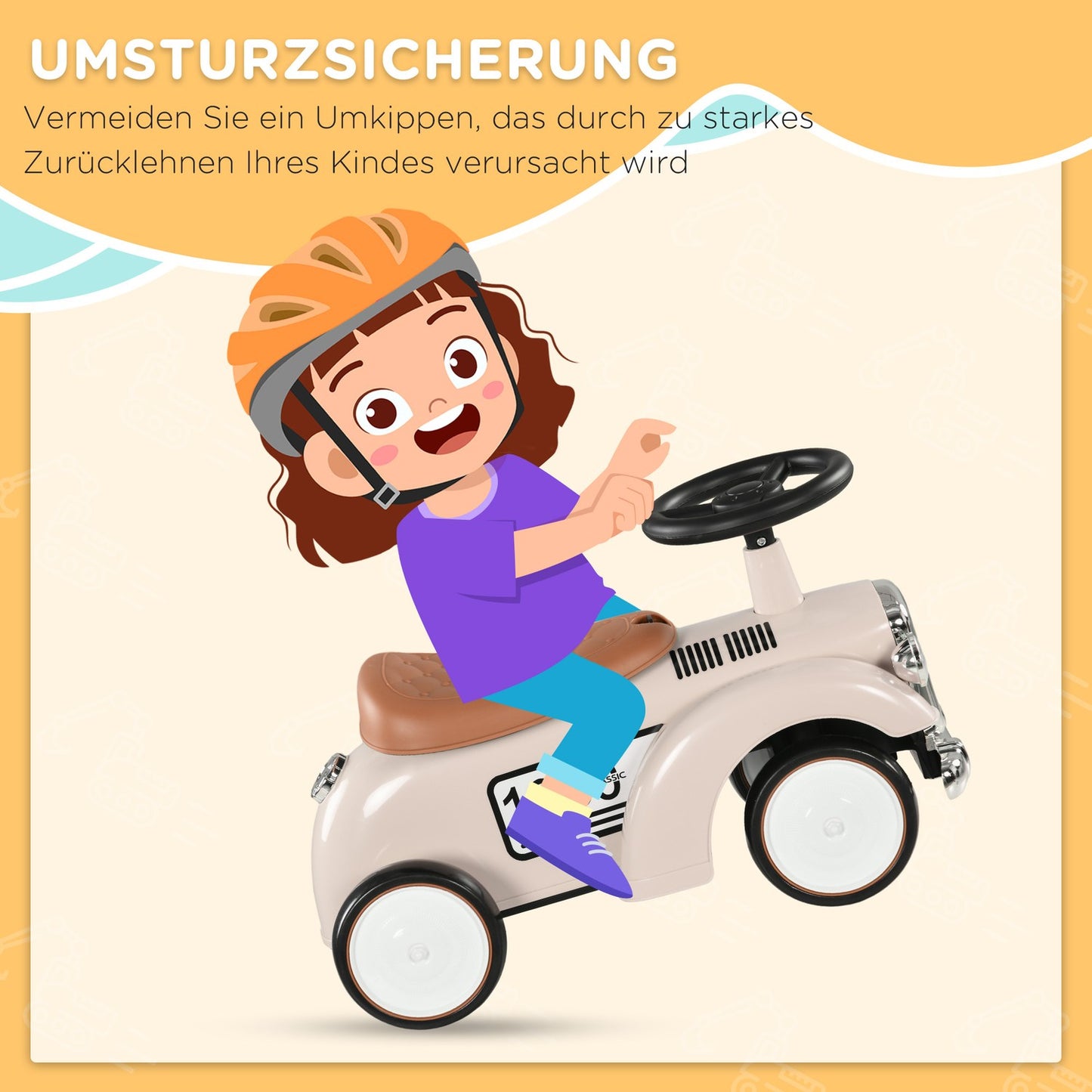 Ride-on car for children with storage, anti-tip, cream