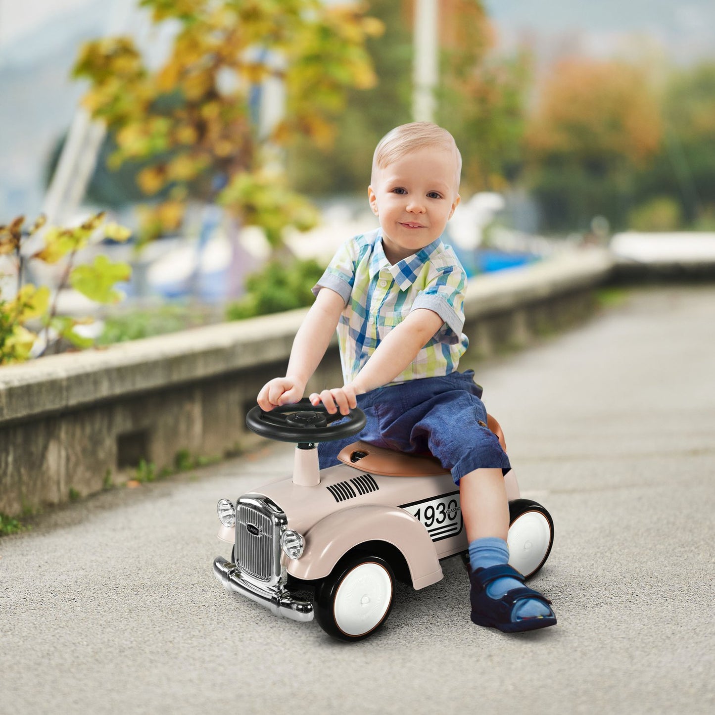 Ride-on car for children with storage, anti-tip, cream