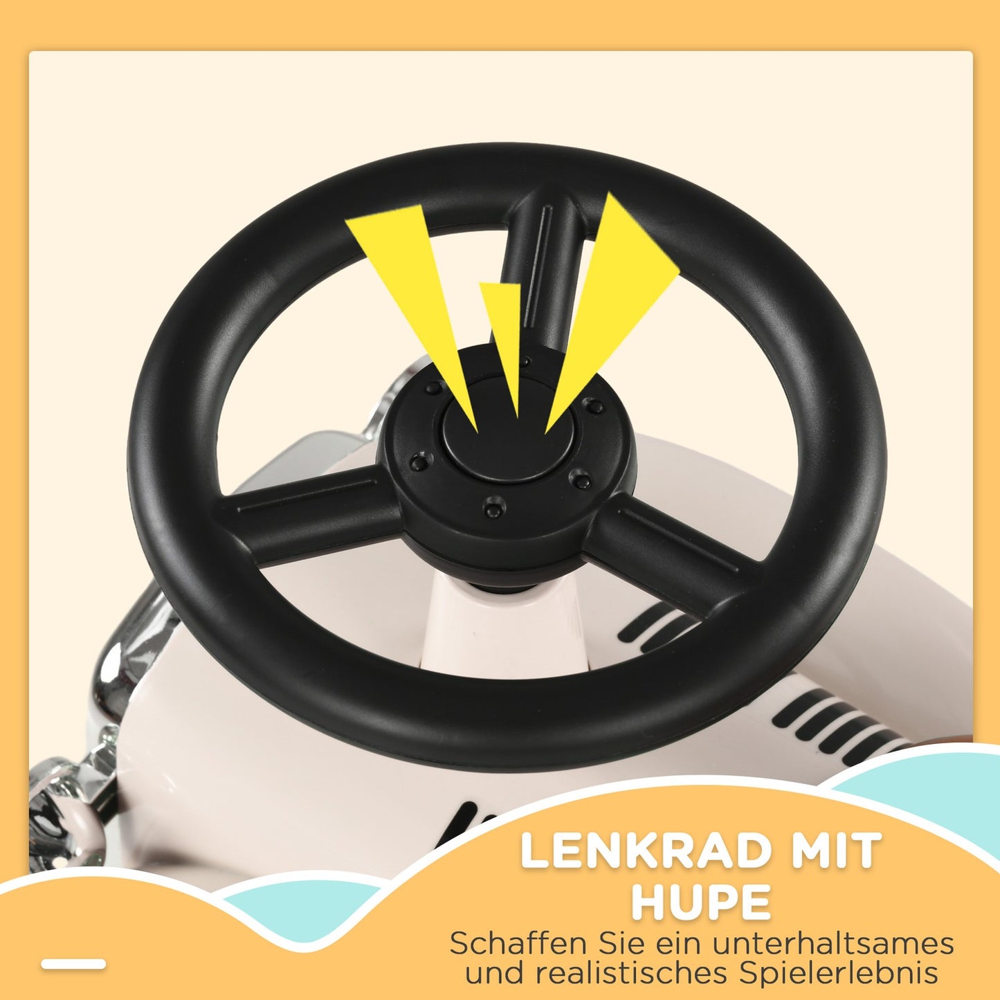 Ride-on car for children with storage, anti-tip, cream
