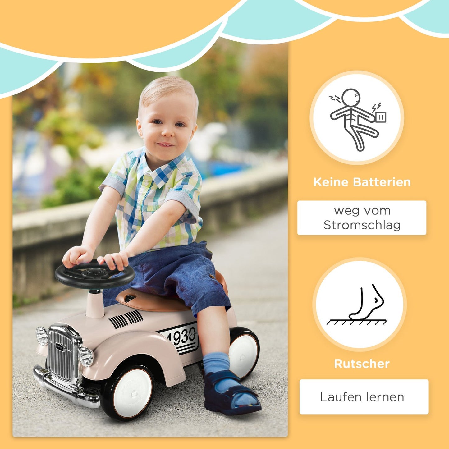 Ride-on car for children with storage, anti-tip, cream