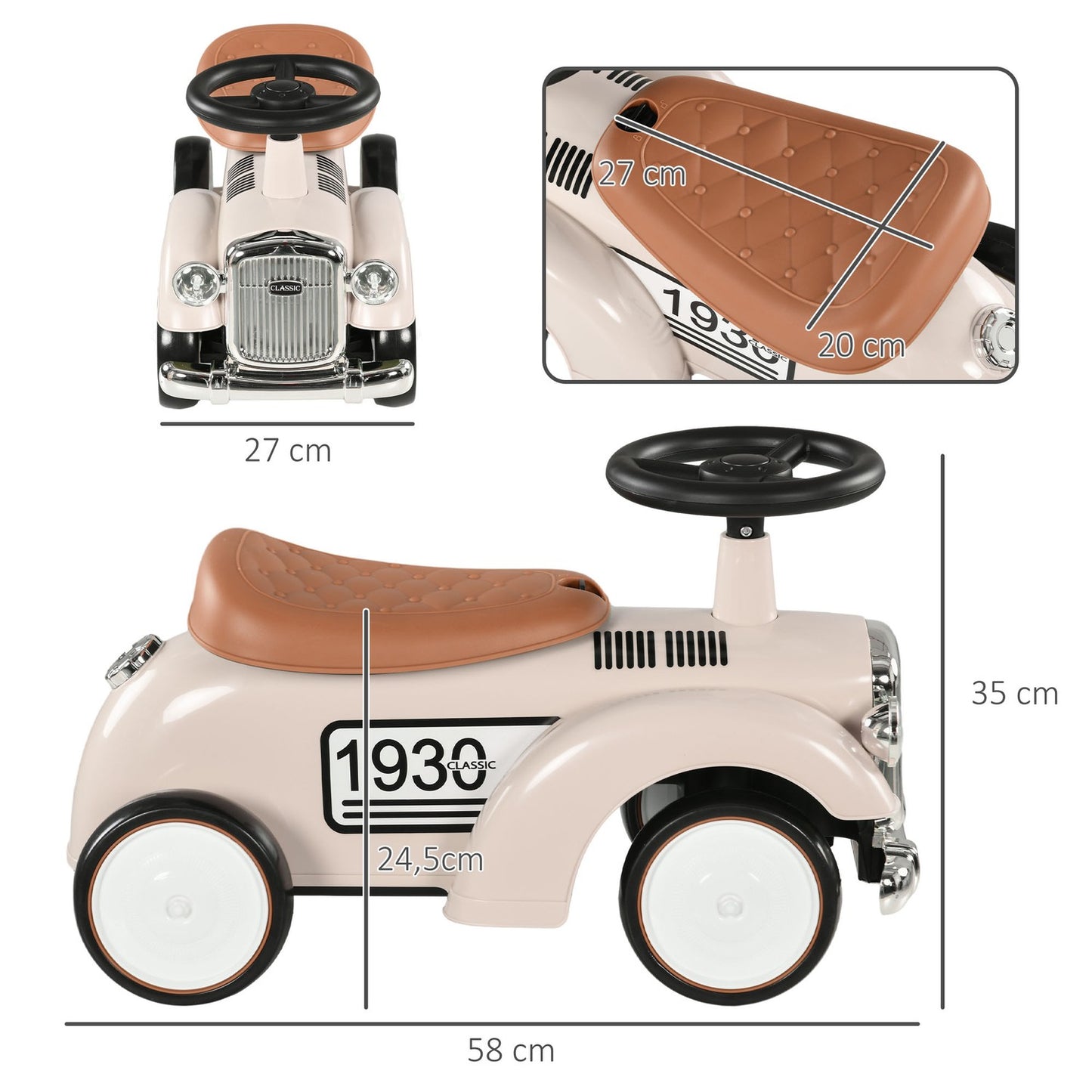 Ride-on car for children with storage, anti-tip, cream