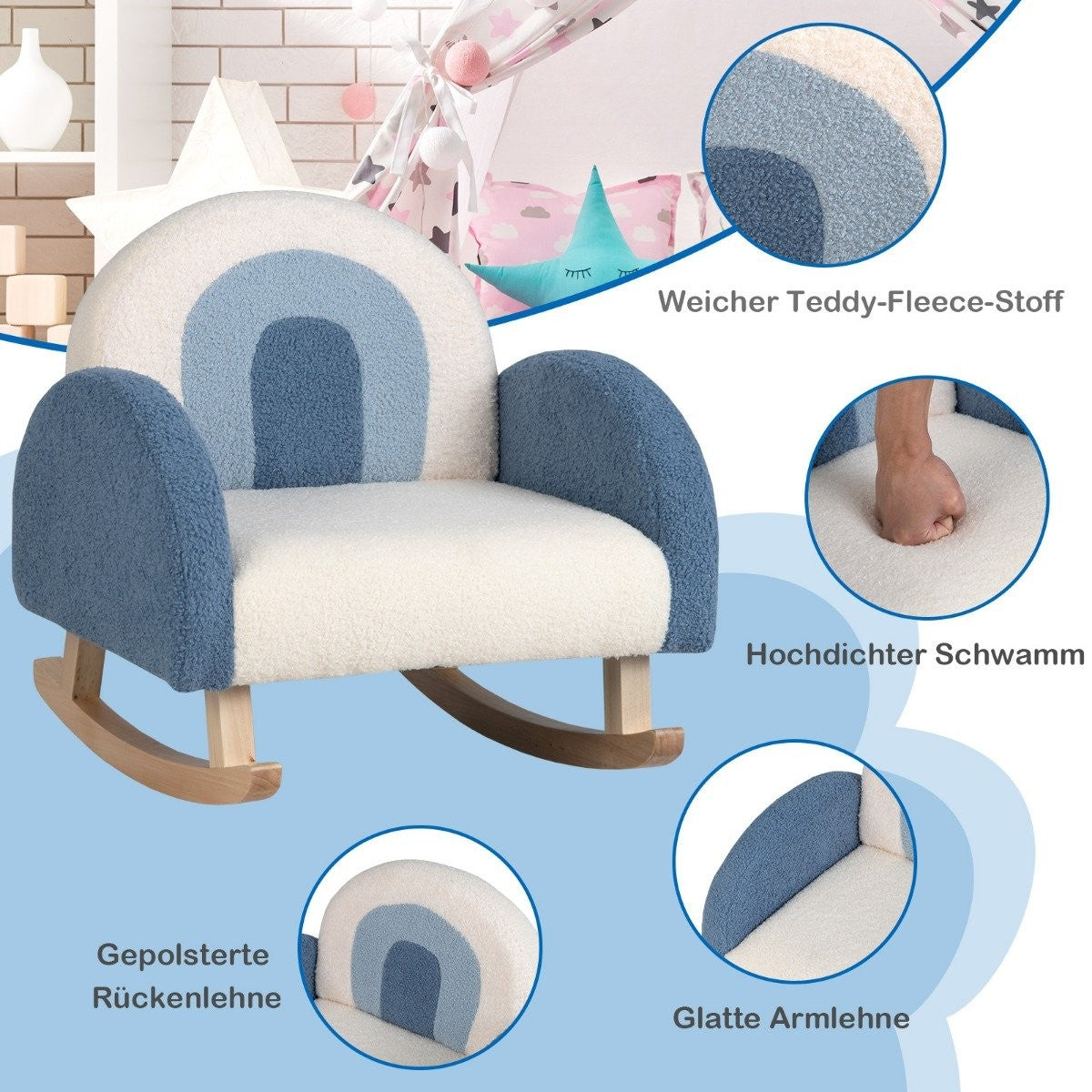 Children's rocking chair teddy plush armchair with rocking legs made of poplar wood blue