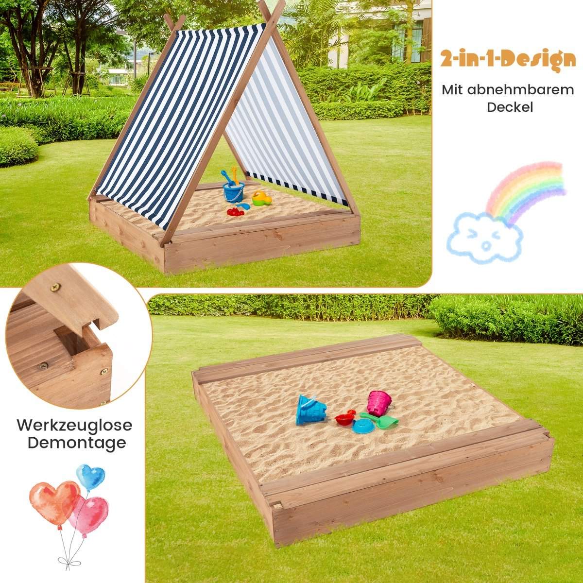 Children's sandpit with cover and 2 benches. Outdoor wooden sandpit 124 x 123 cm
