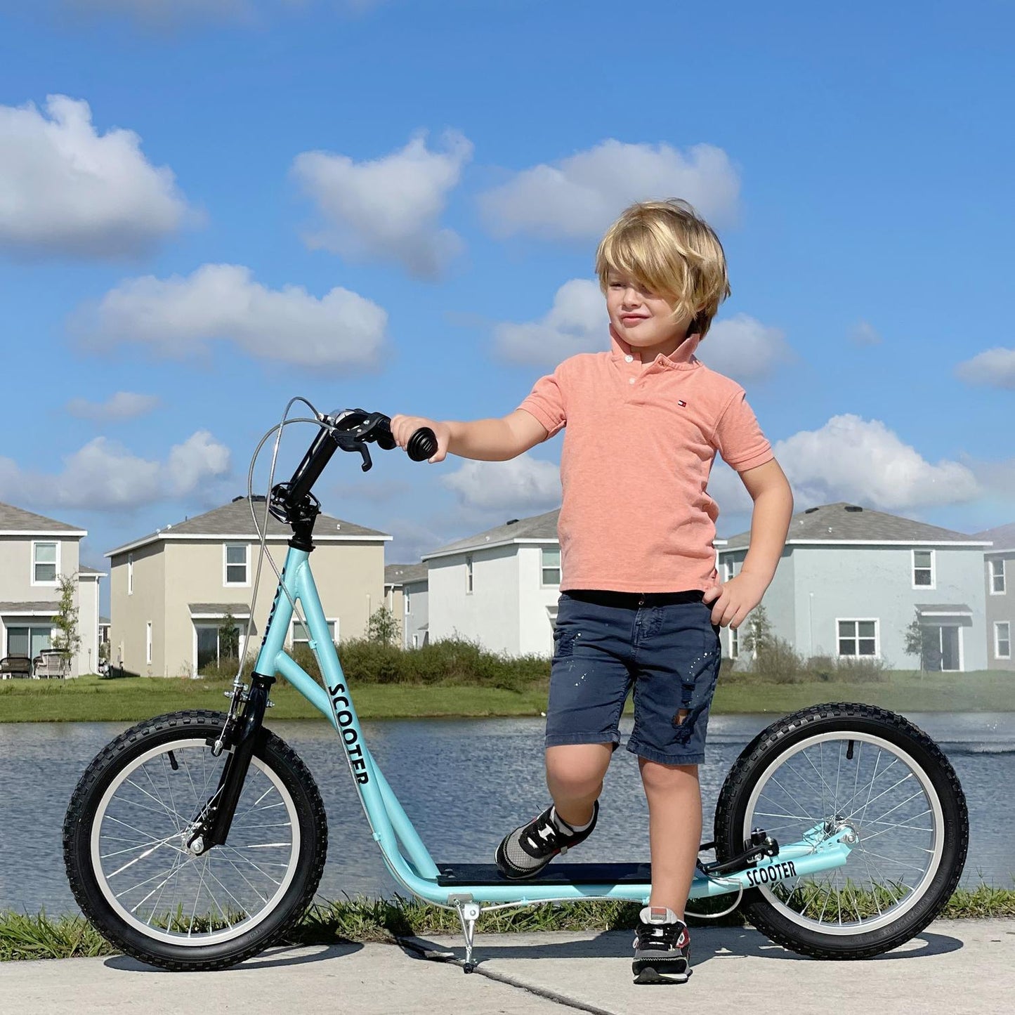 Folding kick scooter for children, handbrake, 16"" pneumatic tires