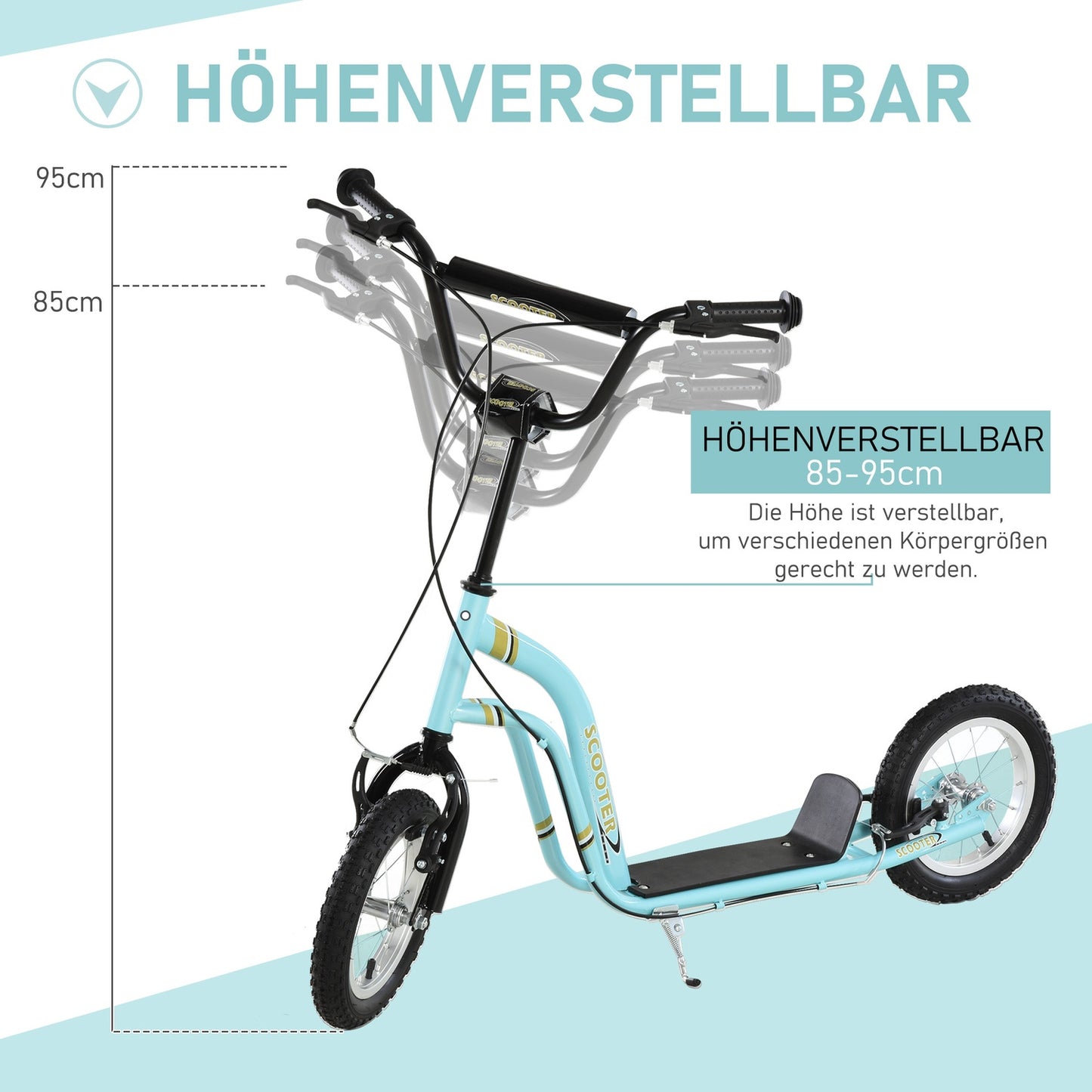 Children's scooter from 5 years, kick scooter, city scooter for children, aluminum, 120 x 58 x 85-95 cm, light blue