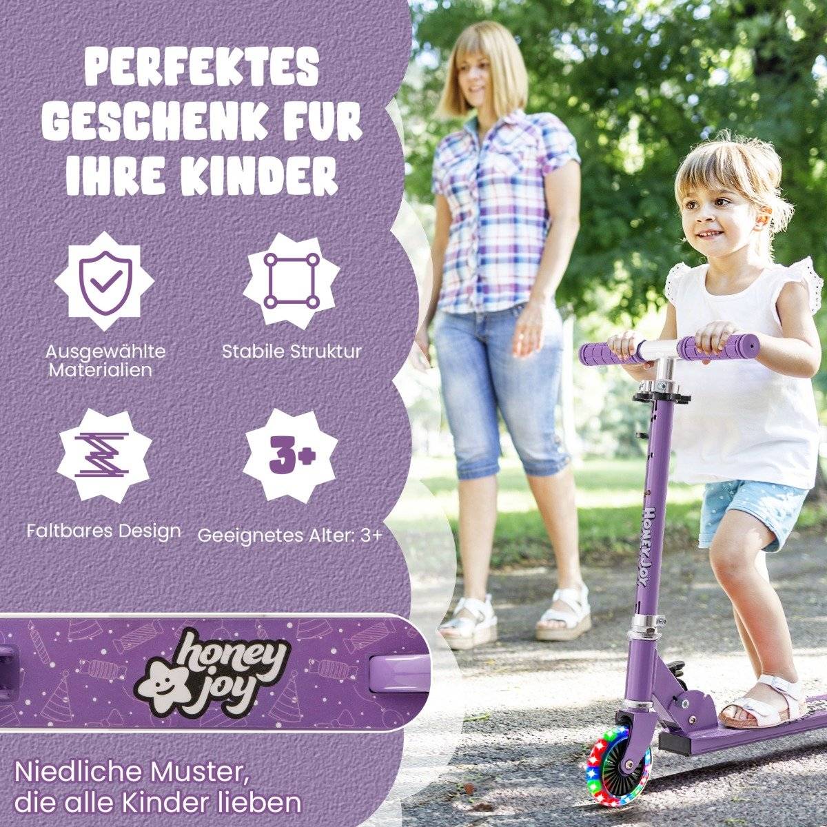 Children's scooter with LED wheels, height adjustable, children's scooter, city scooter, purple