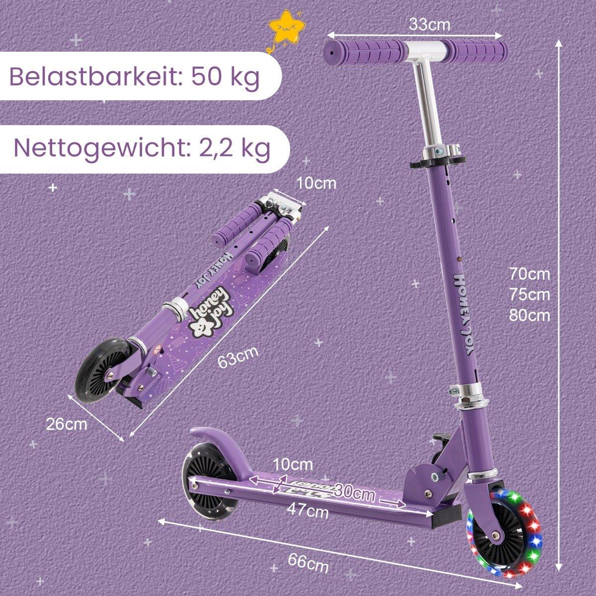 Children's scooter with LED wheels, height adjustable, children's scooter, city scooter, purple