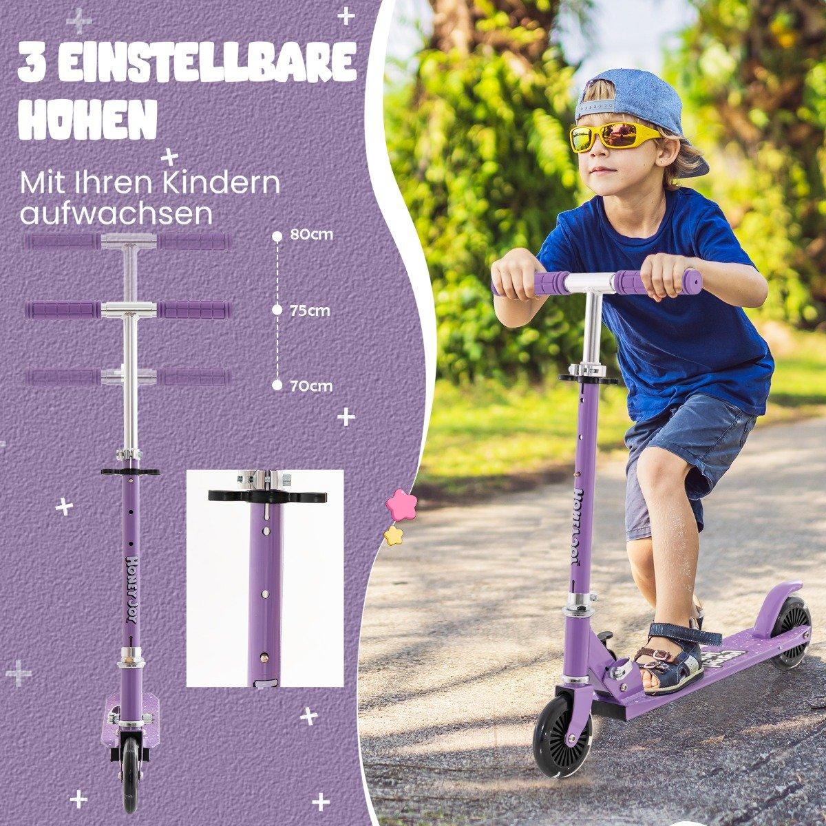 Children's scooter with LED wheels, height adjustable, children's scooter, city scooter, purple