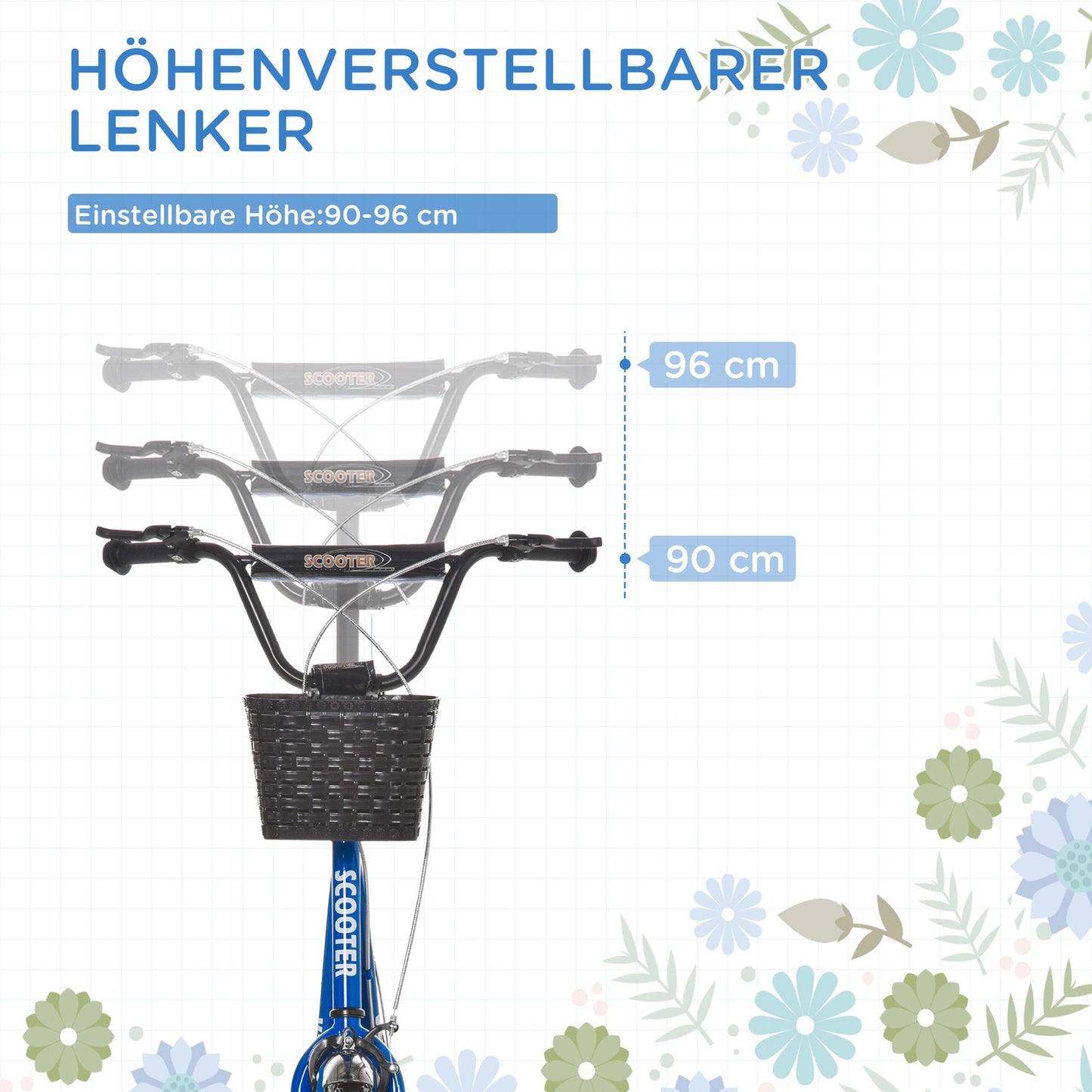 Adjustable kick scooter for children with brake and basket
