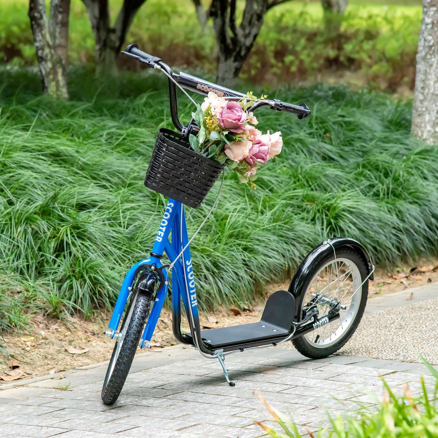 Adjustable kick scooter for children with brake and basket