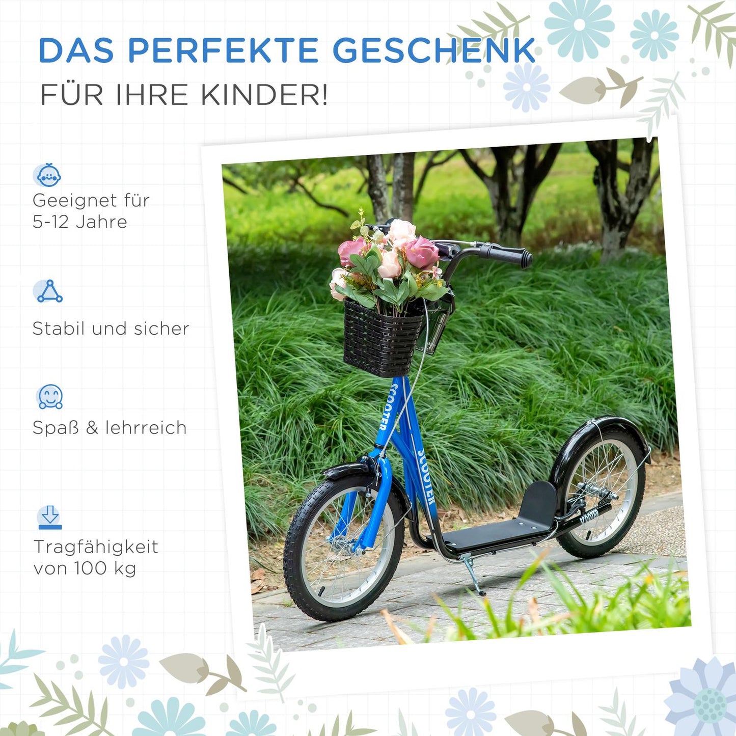 Adjustable kick scooter for children with brake and basket