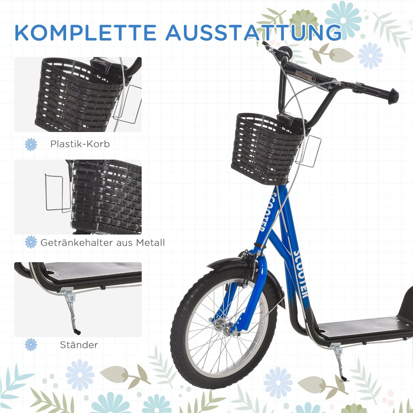 Adjustable kick scooter for children with brake and basket