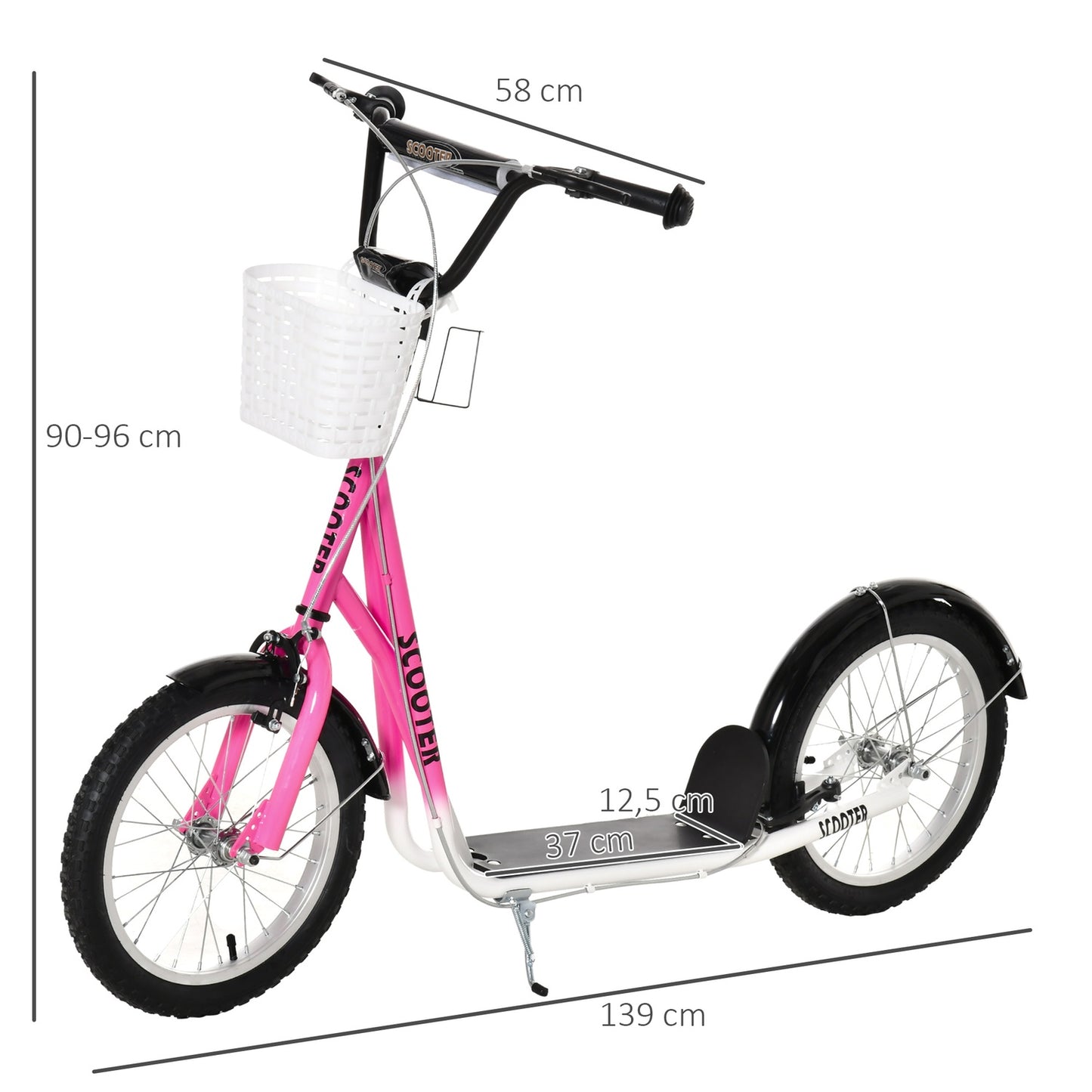 Children's scooter in pink and white, adjustable height, with basket