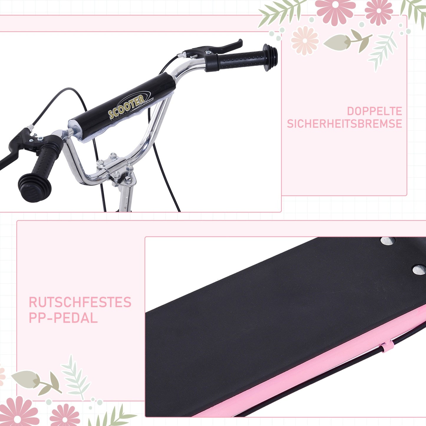 Pink children's scooter with brakes, adjustable height